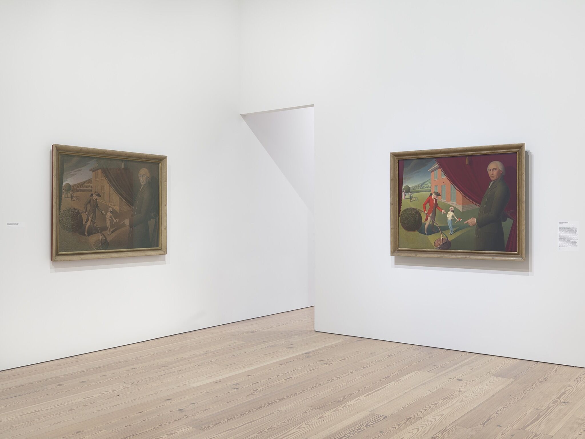 Two paintings in a white-walled gallery.
