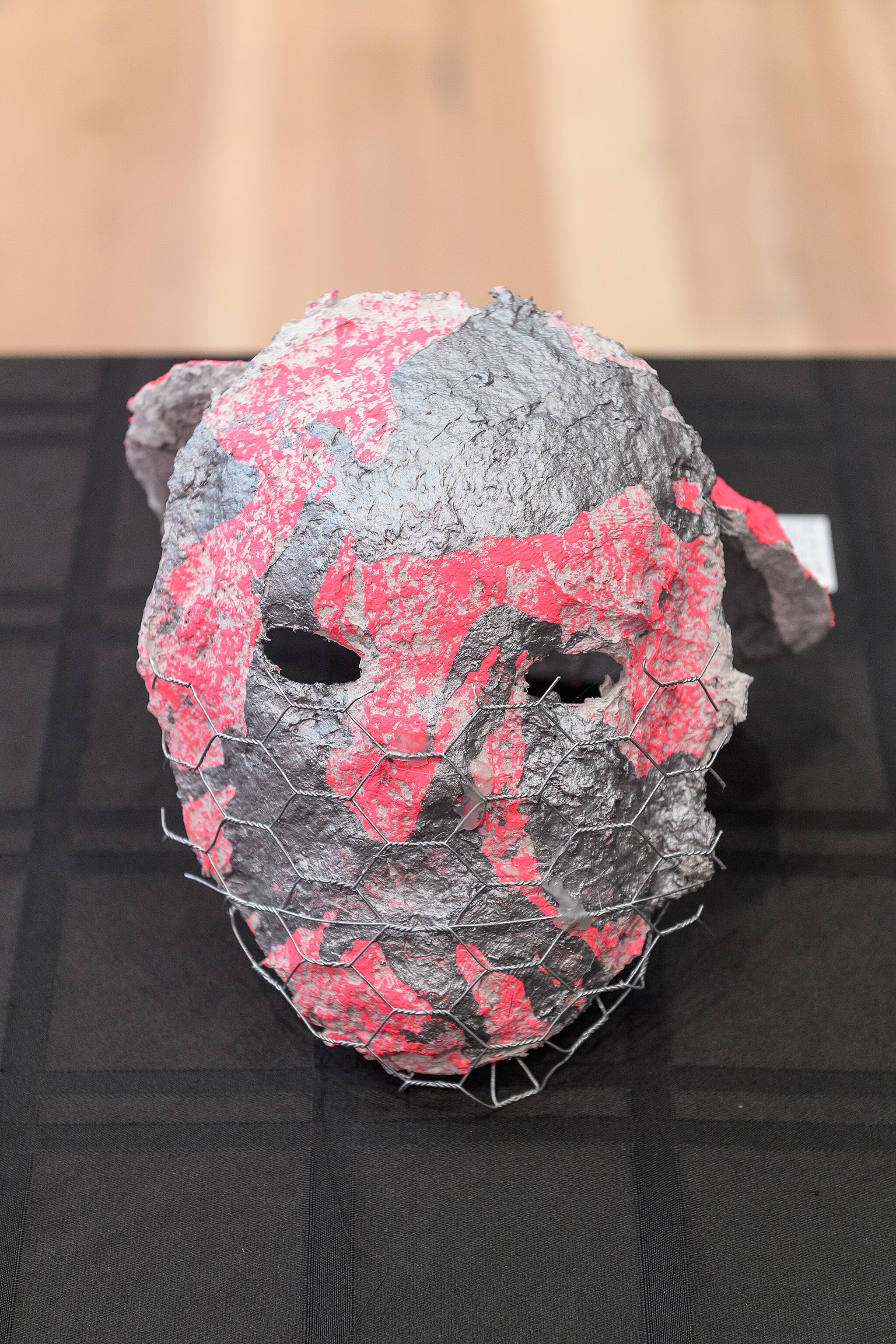 Grey and pink mask covered in wire, spring 2019 