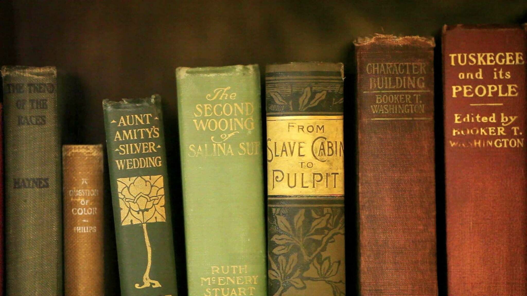 A close-up of several books lined up on a shelf.