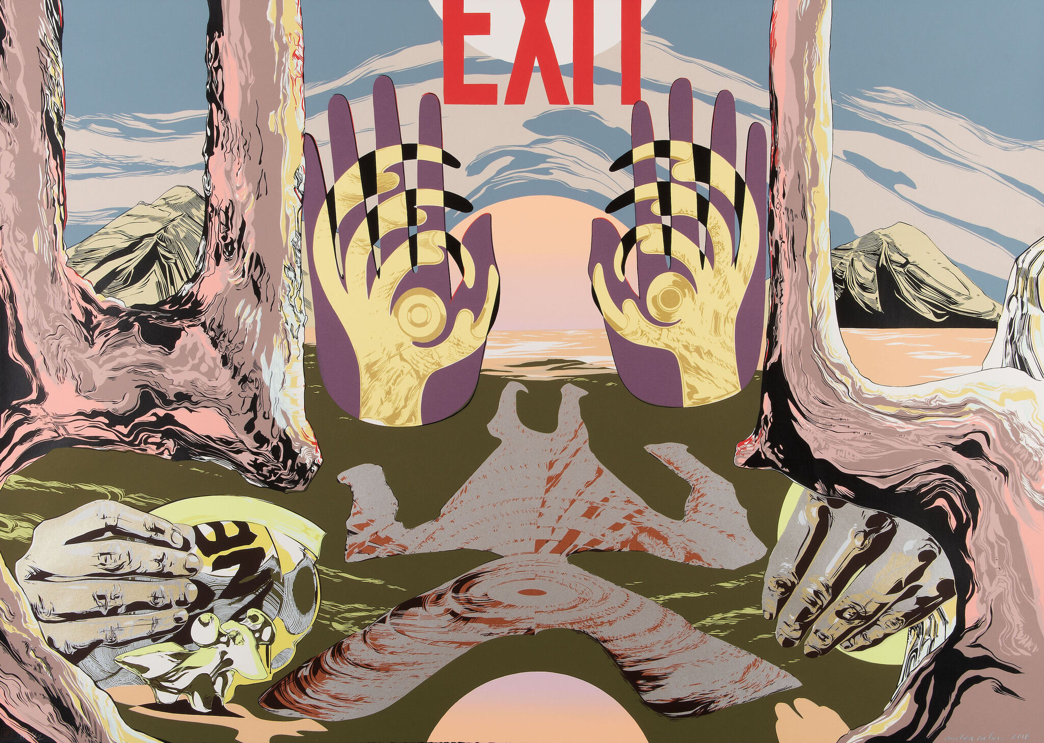 A landscape with mountains in the background and two large purple hands, held open, in the center with red letters spelling "exit" above them