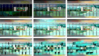 Sequence of nine screens from a video, composed of primarily of colored squares.