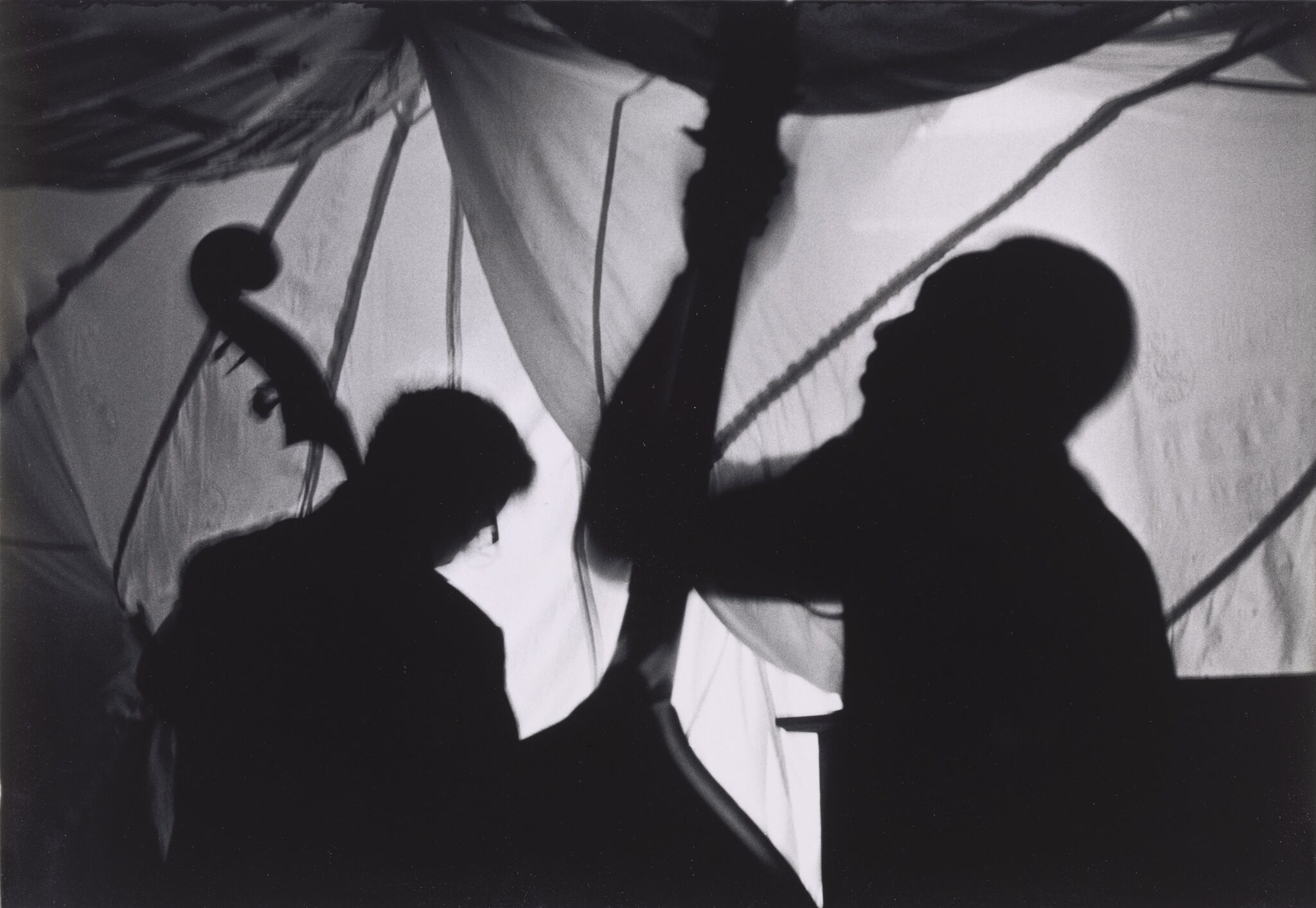 The silhouettes of two people playing the double bass. A tent covering is above them. 