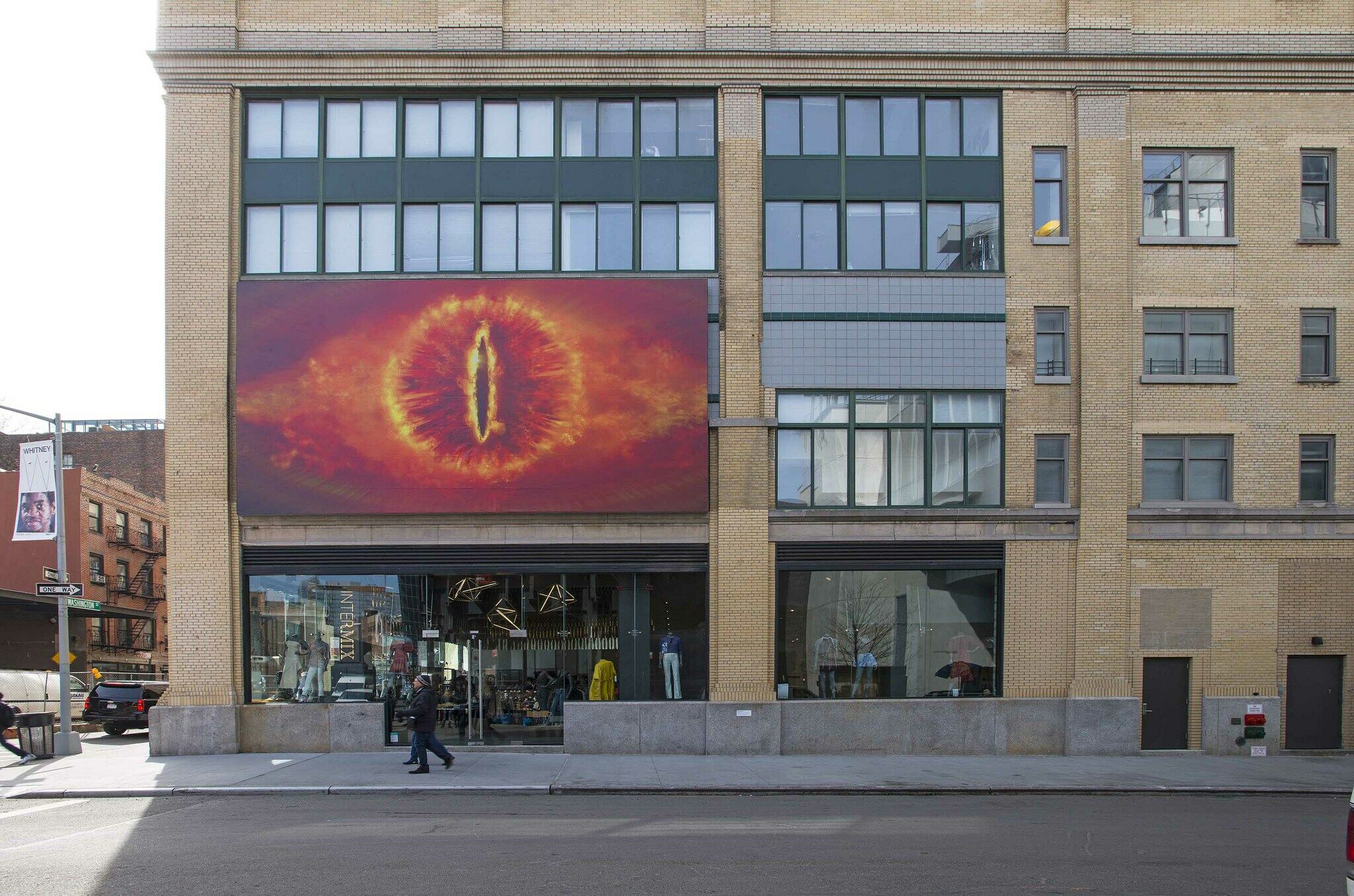 A work of art displayed on the outside of a building.