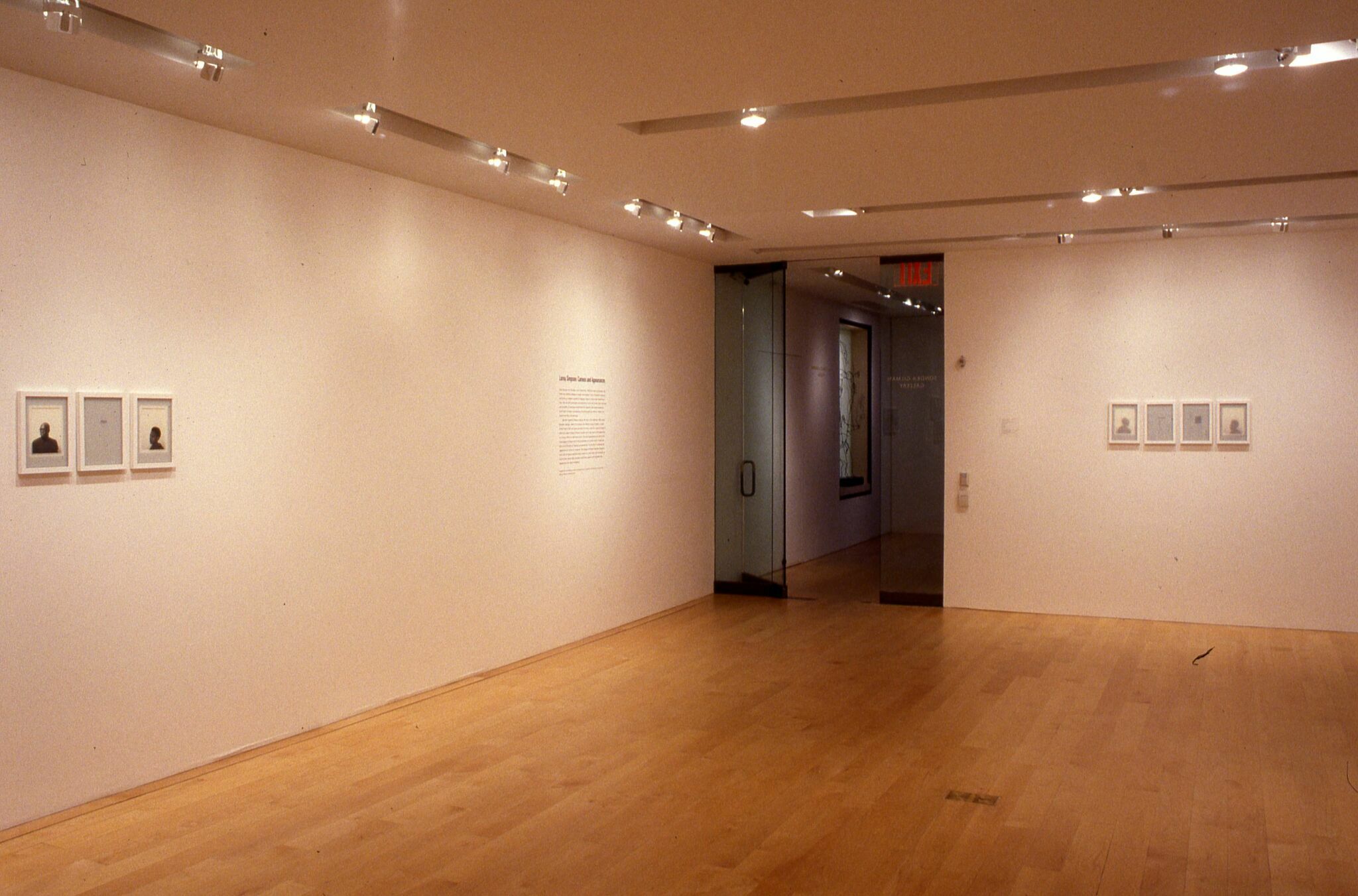 A gallery with art displayed on the walls along with wall text for Lorna Simpson: Cameos and Appearances.