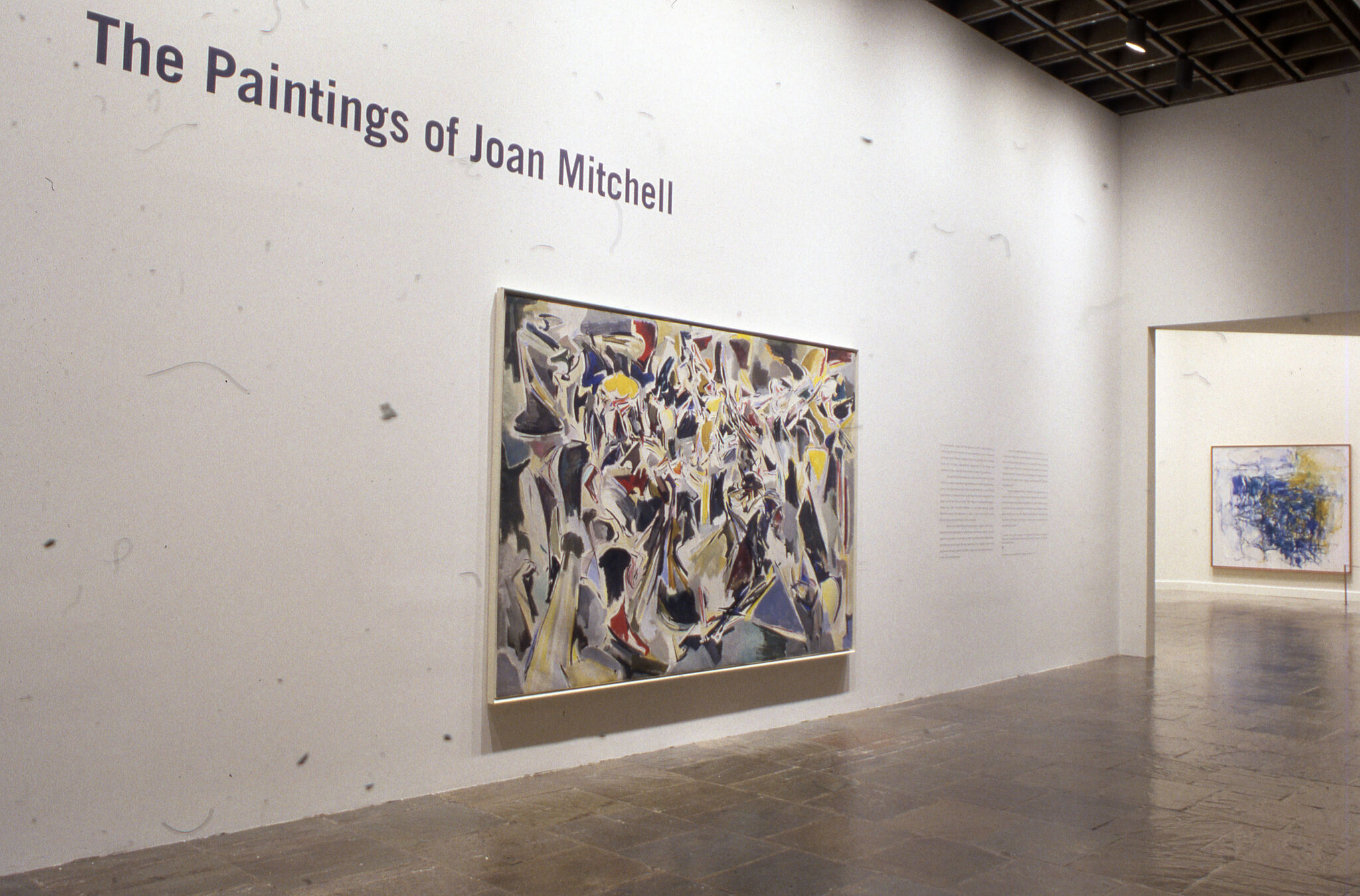 A large abstract painting displayed next to wall text for The Paintings of Joan Mitchell.