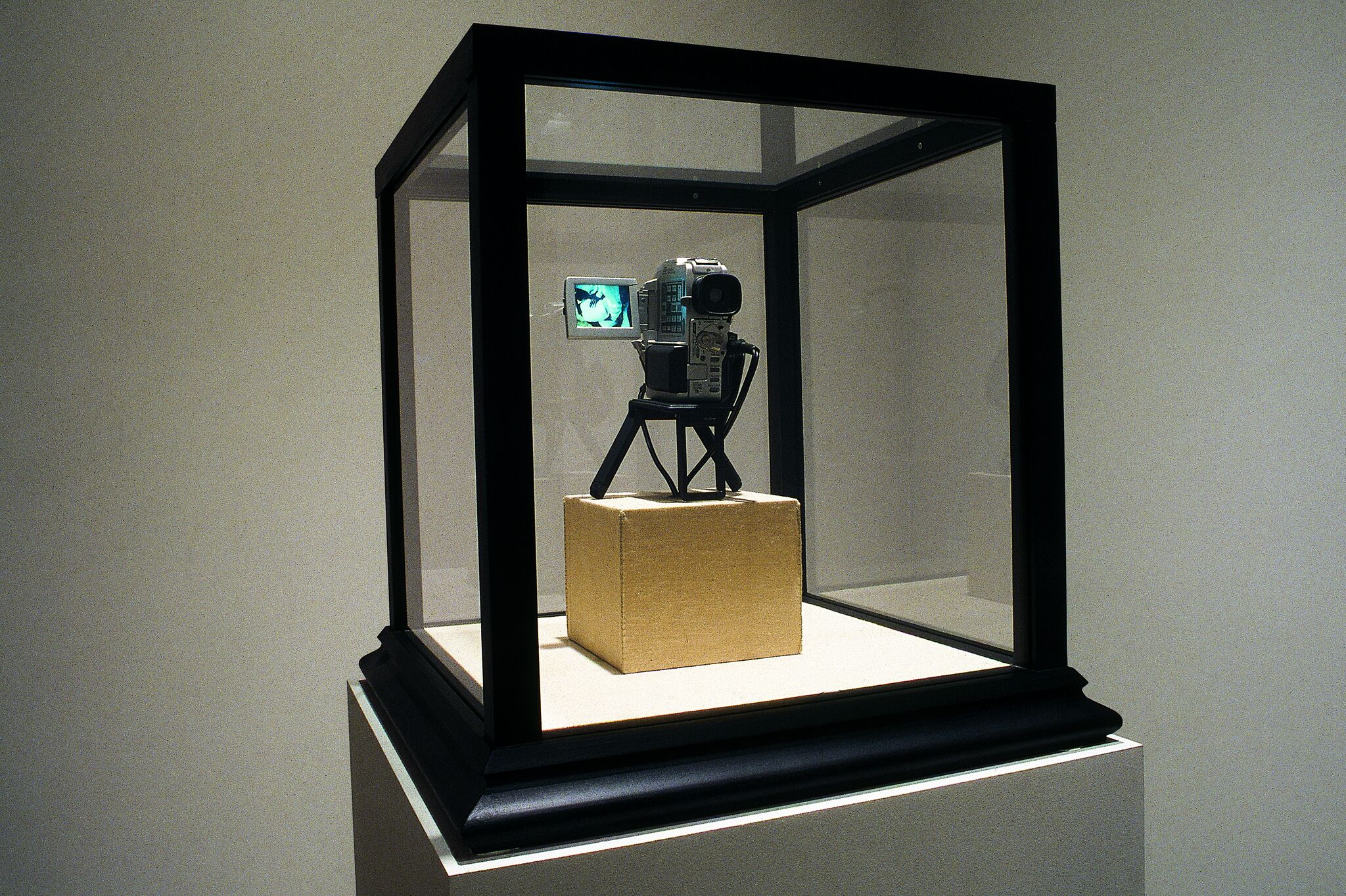 A glass case with thick black edges displaying a camcorder mounted on a block.
