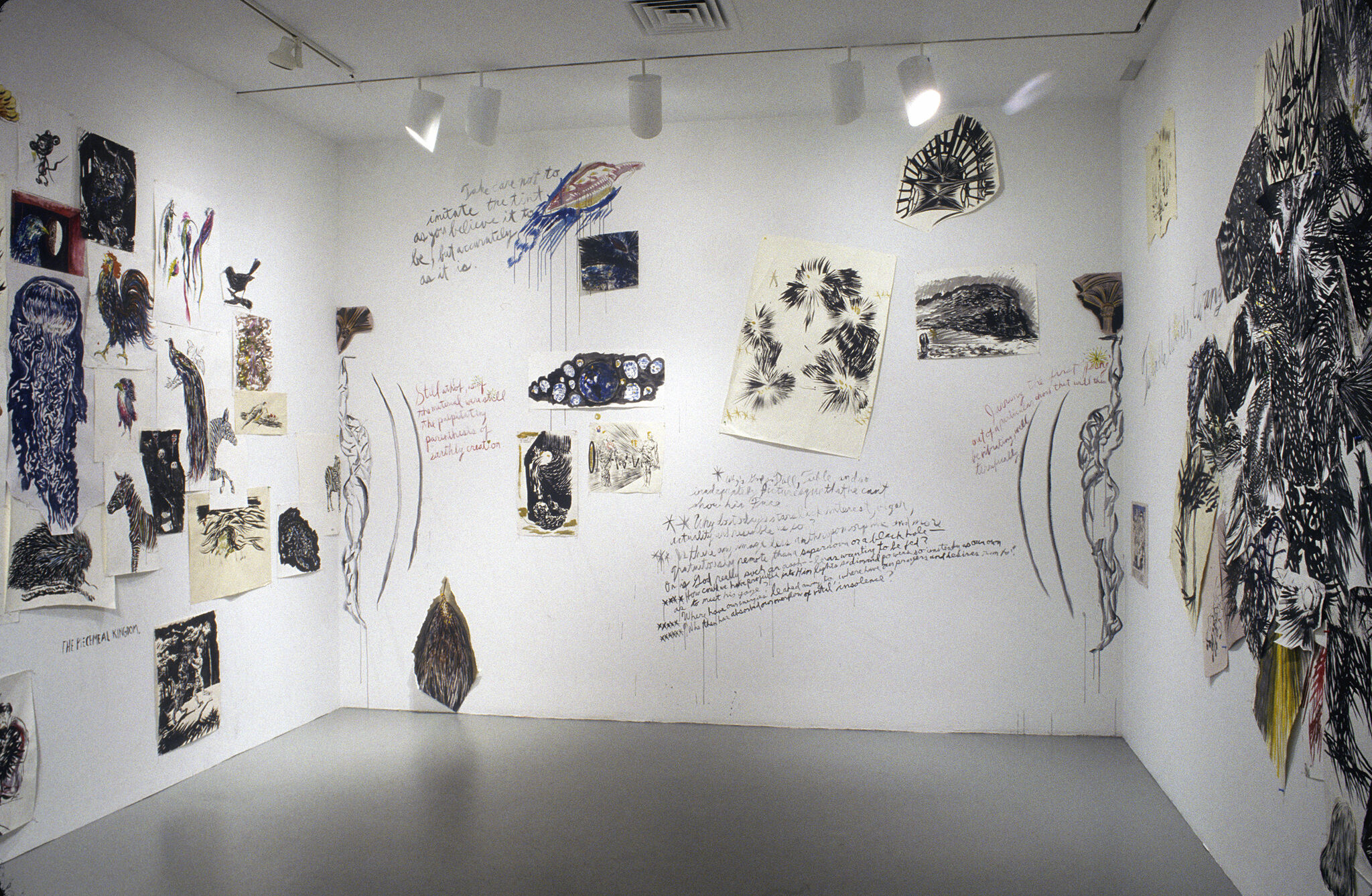 Walls covered in handwritten notes and drawings.