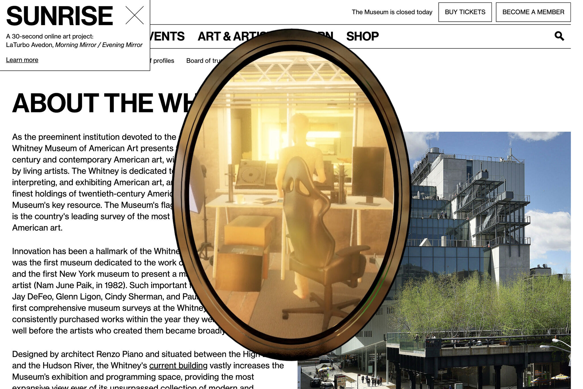 A mirror overlaid on a screenshot of whitney.org containing an avatar standing at their desk viewed from behind