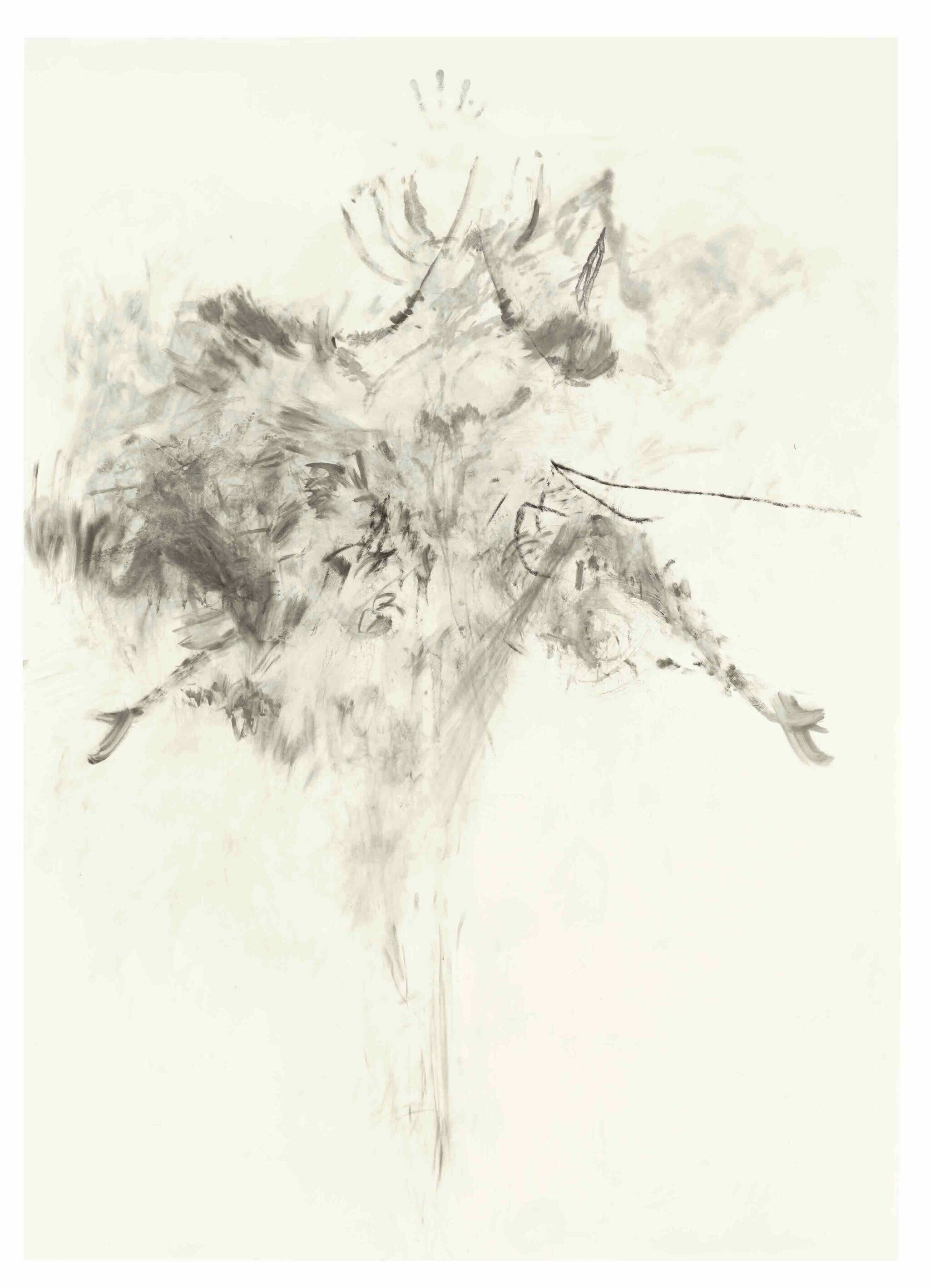 An abstract shape of ink and shading on canvas. 