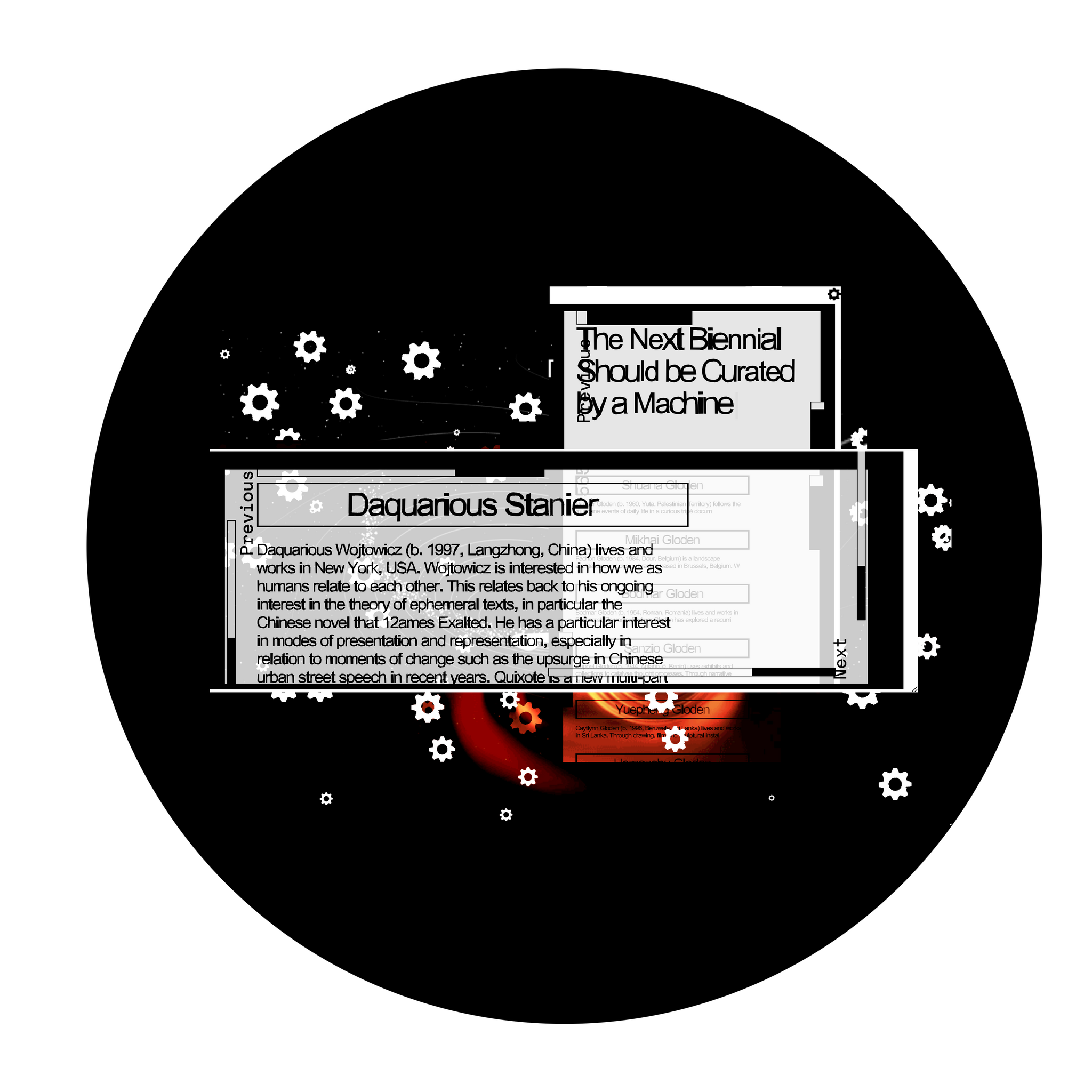 Overlaid gray digital text boxes against the background of a black circle with a design of white gears and red-orange swirls