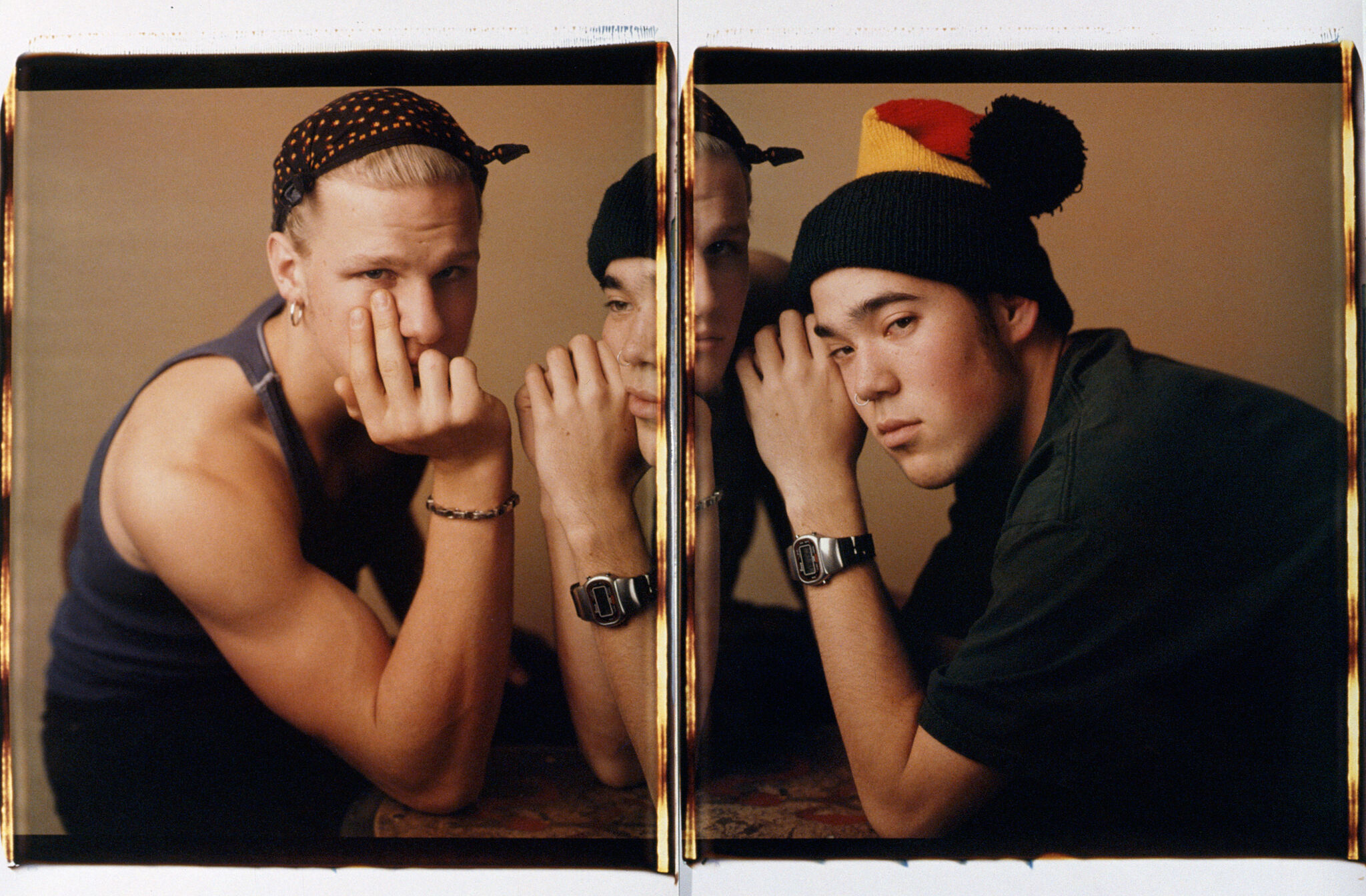 A diptych of polaroids each depicting two people facing the camera and leaning on top of a stool.