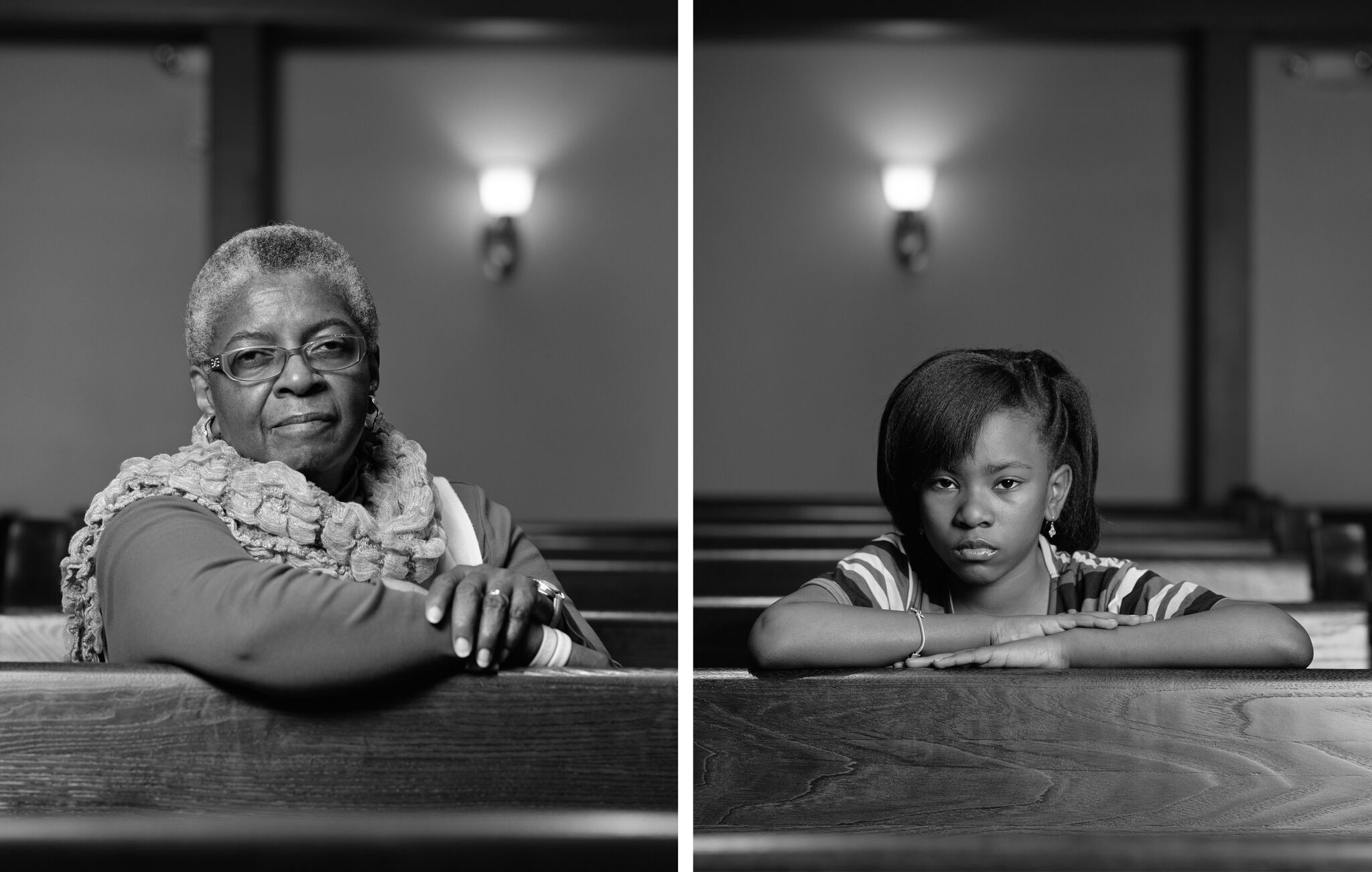 A diptych of photos each depicting a person sitting in a church pew and facing the camera.