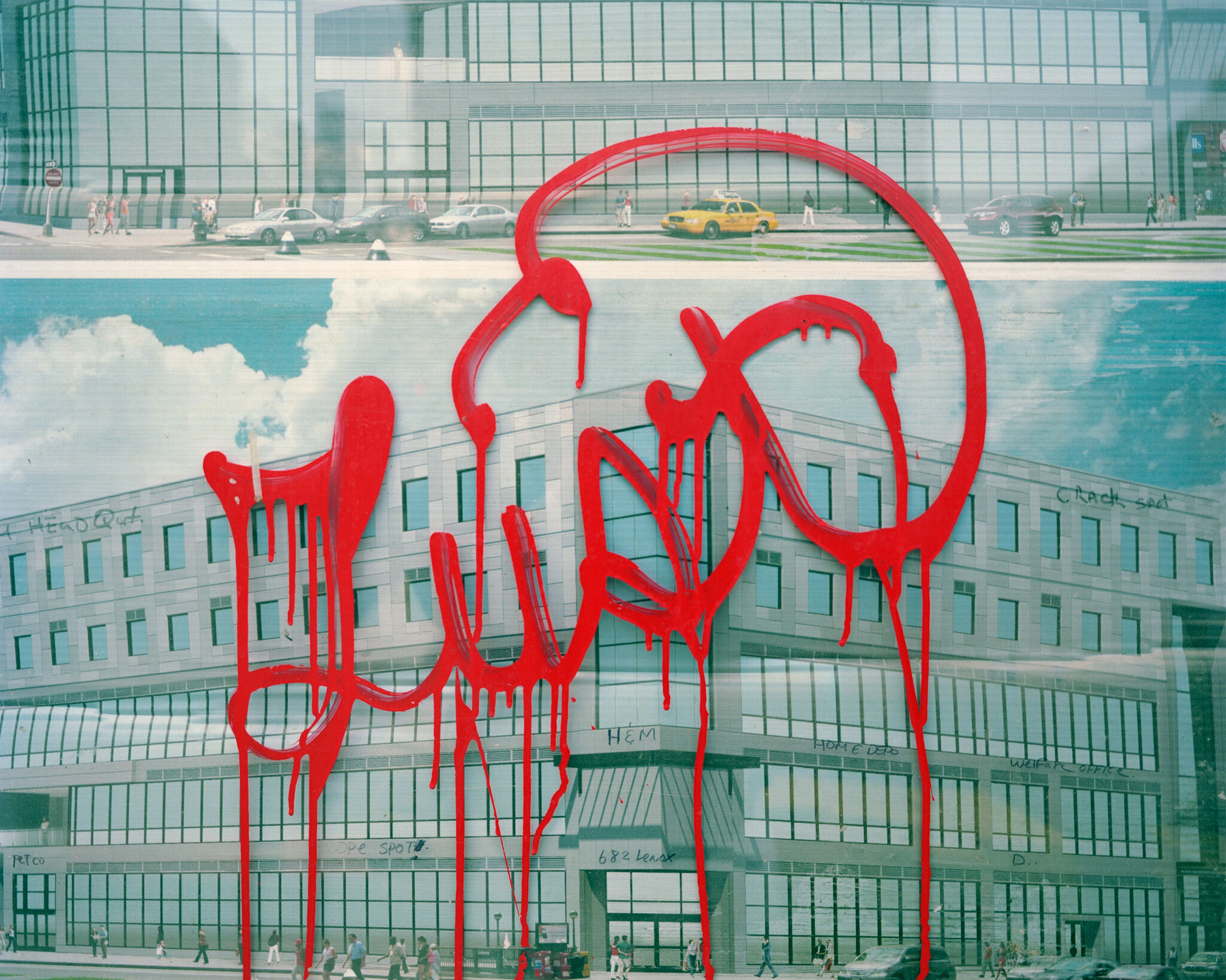 A print mock-up of a building with the word Lust written over it in red paint. 