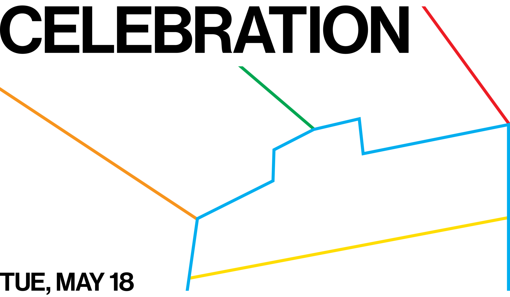 A graphic with a white background, a series of multicolored lines in the shape of David Hammons' Day's End installation, and black text that reads Celebration.