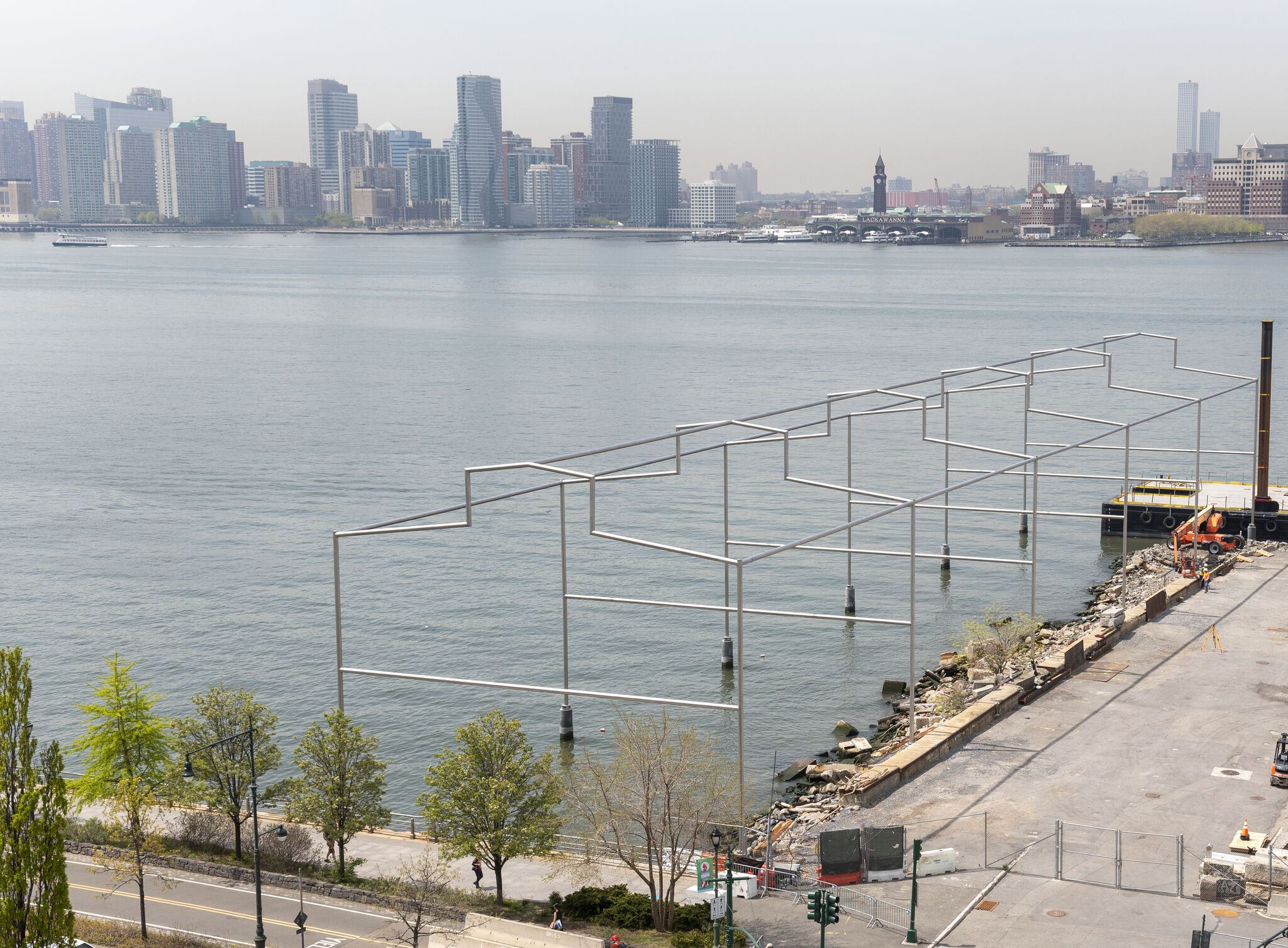 The metal frame of David Hammons's Day's End installation behind the Whitney. 