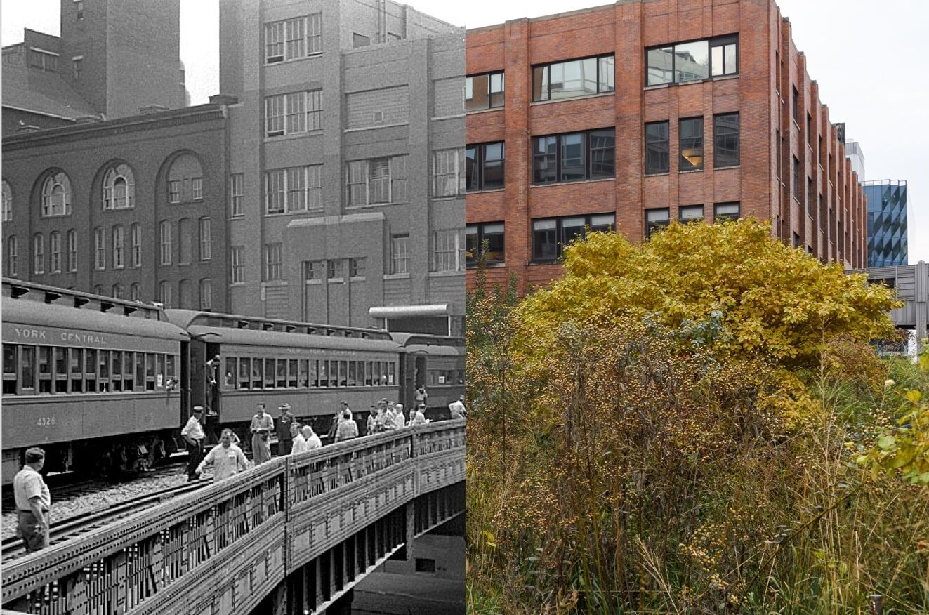 A photo of the Chelsea Market Passage split down the middle to show what it looked like before and after it became part of the High Line.