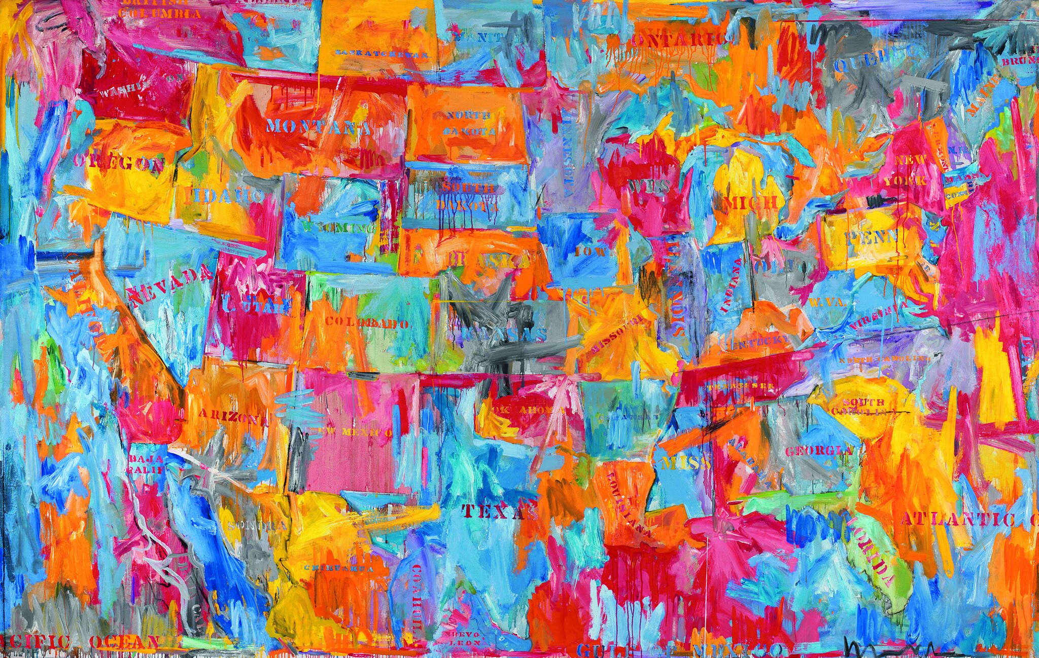 A colorful abstract painted map of the United States with stenciled state names.