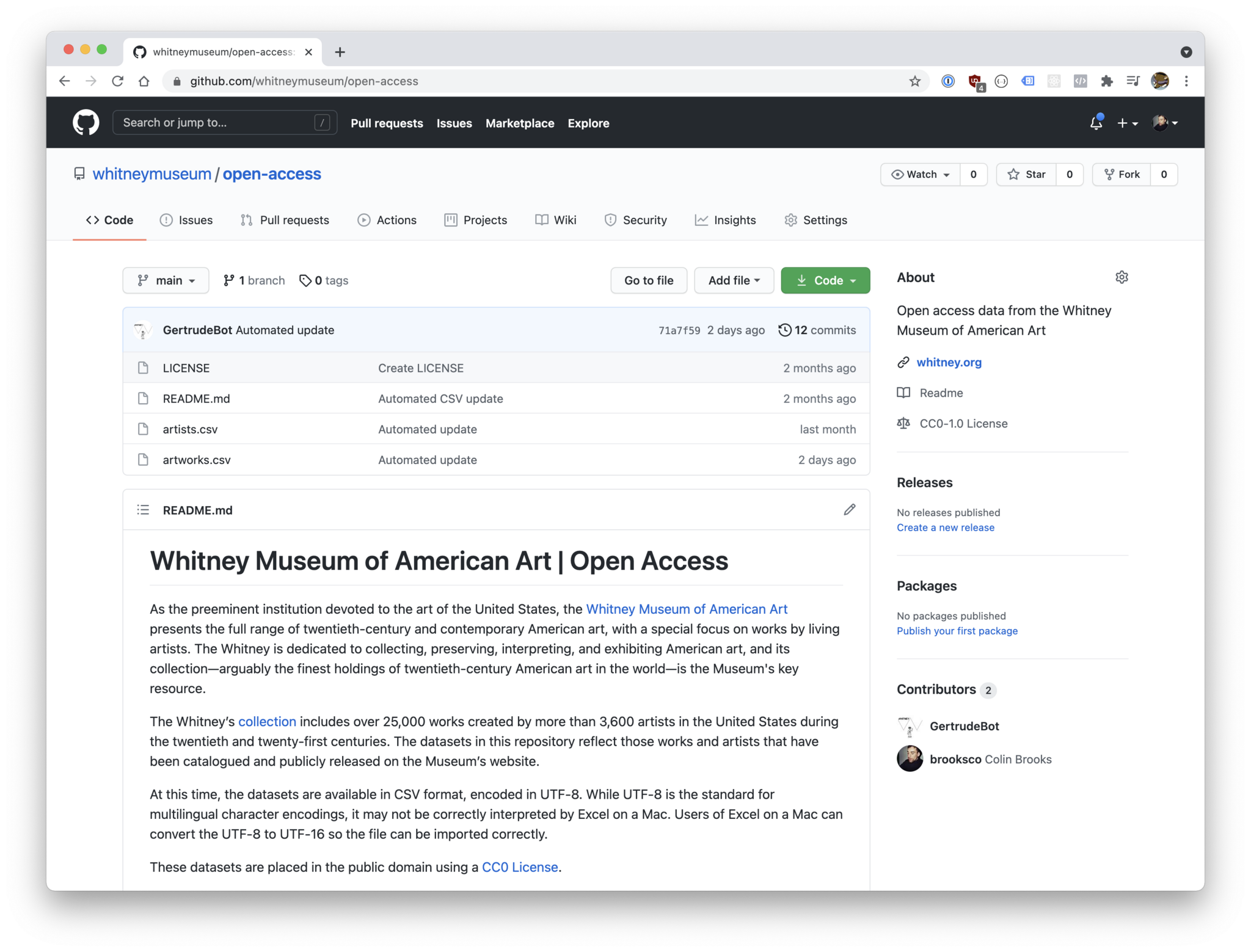 Screenshot of GitHub webpage showing the files and description of the open access content released by the museum