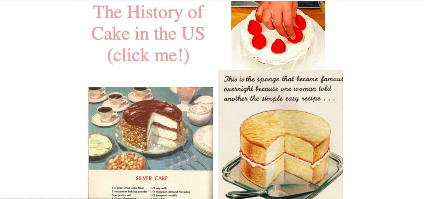 A series of old cookbook pages superimposed on a white background with pink text that reads "The History of Cake in the US."