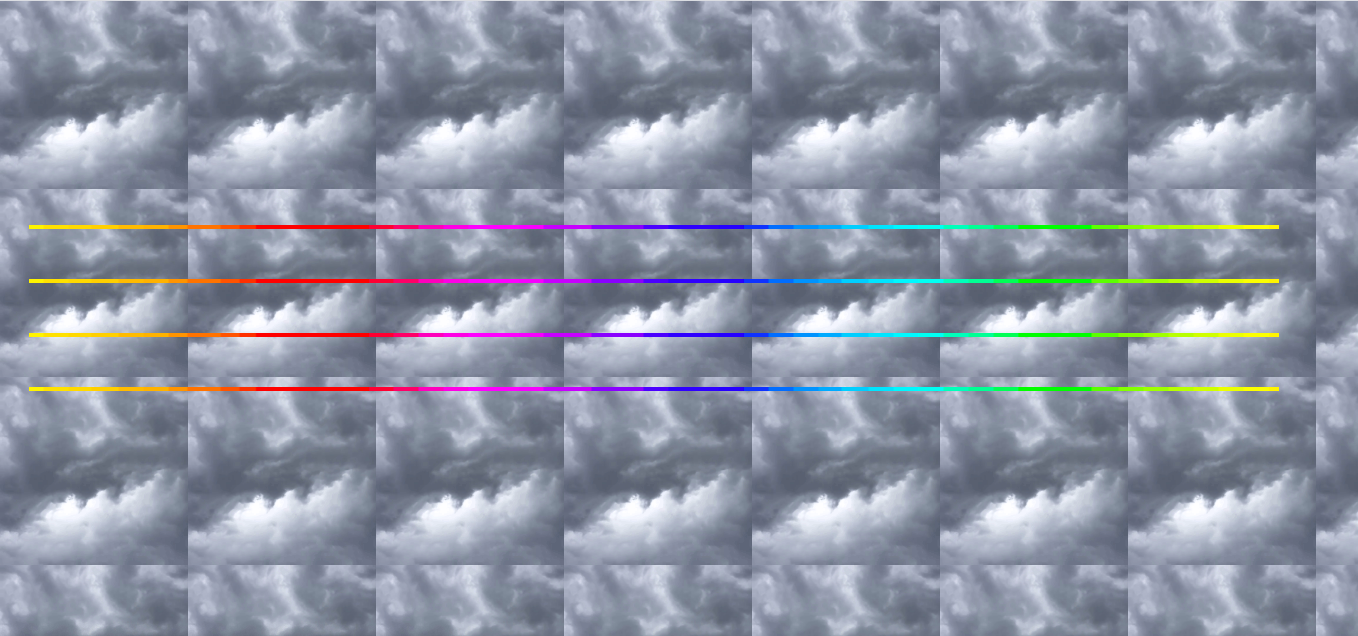 Four multicolored lines are stacked vertically against a grid background comprised of a repeating square image of storm clouds.