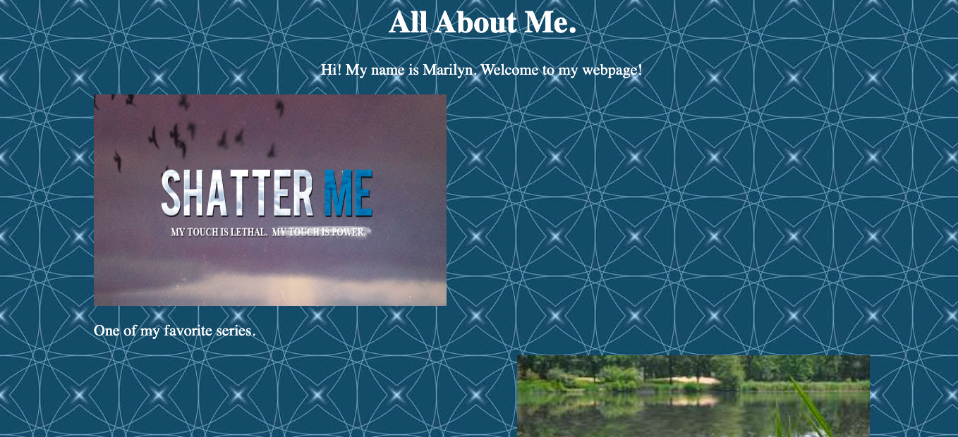 A screenshot of a webpage featuring an intricate background and text that reads "All About Me."