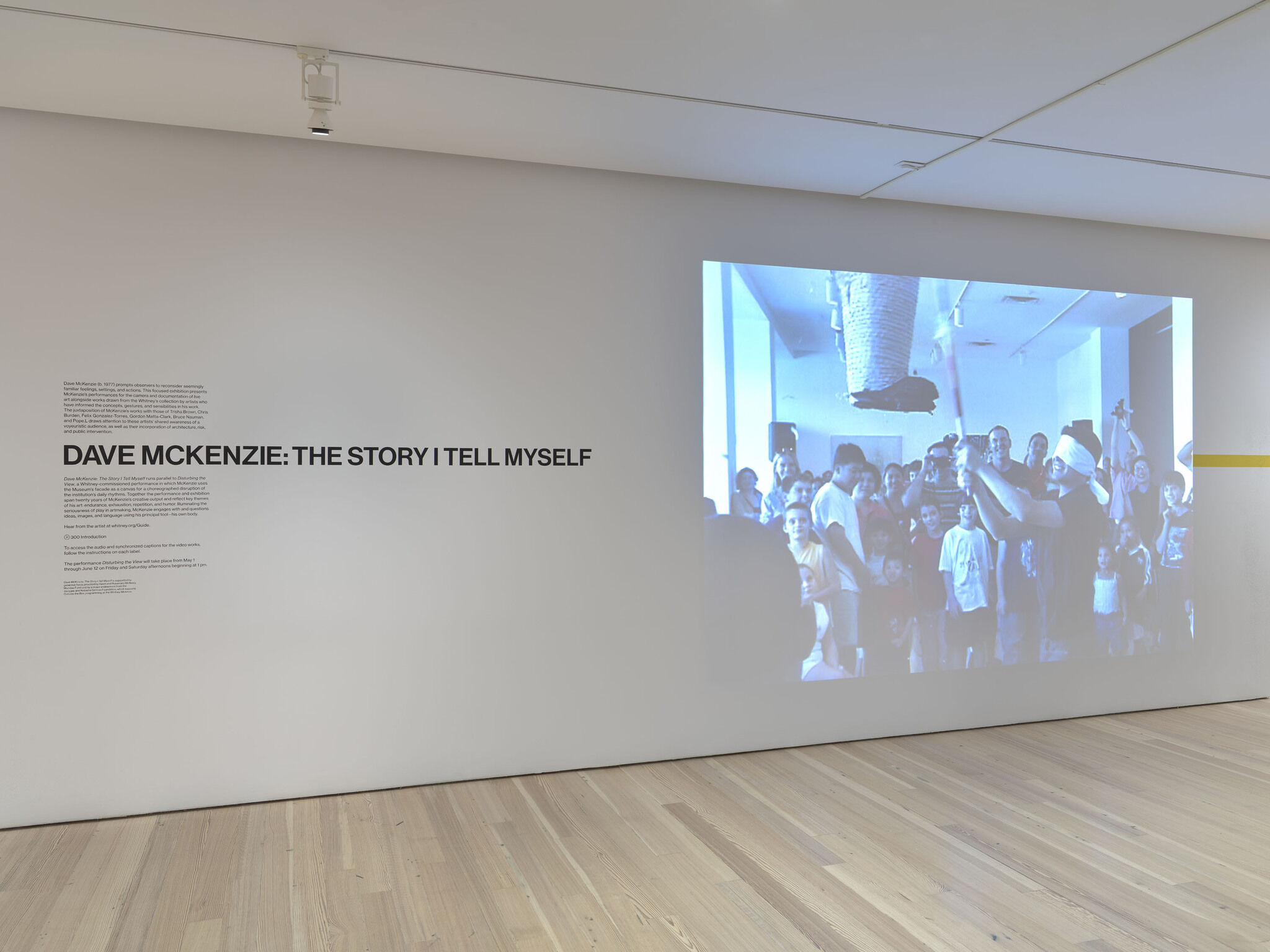 A white exhibition wall featuring the introductory text decal that reads "Dave McKenzie: The Story I Tell Myself."