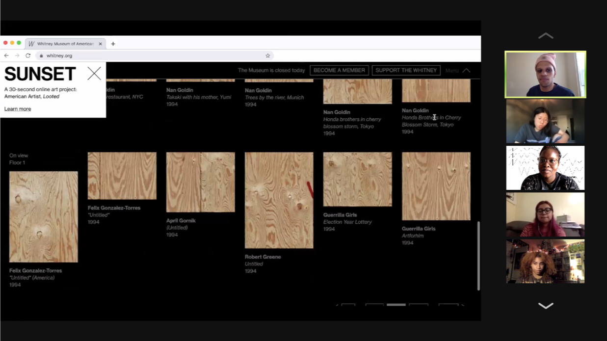A zoom call with youth insights artists looking over whitney.org. 
