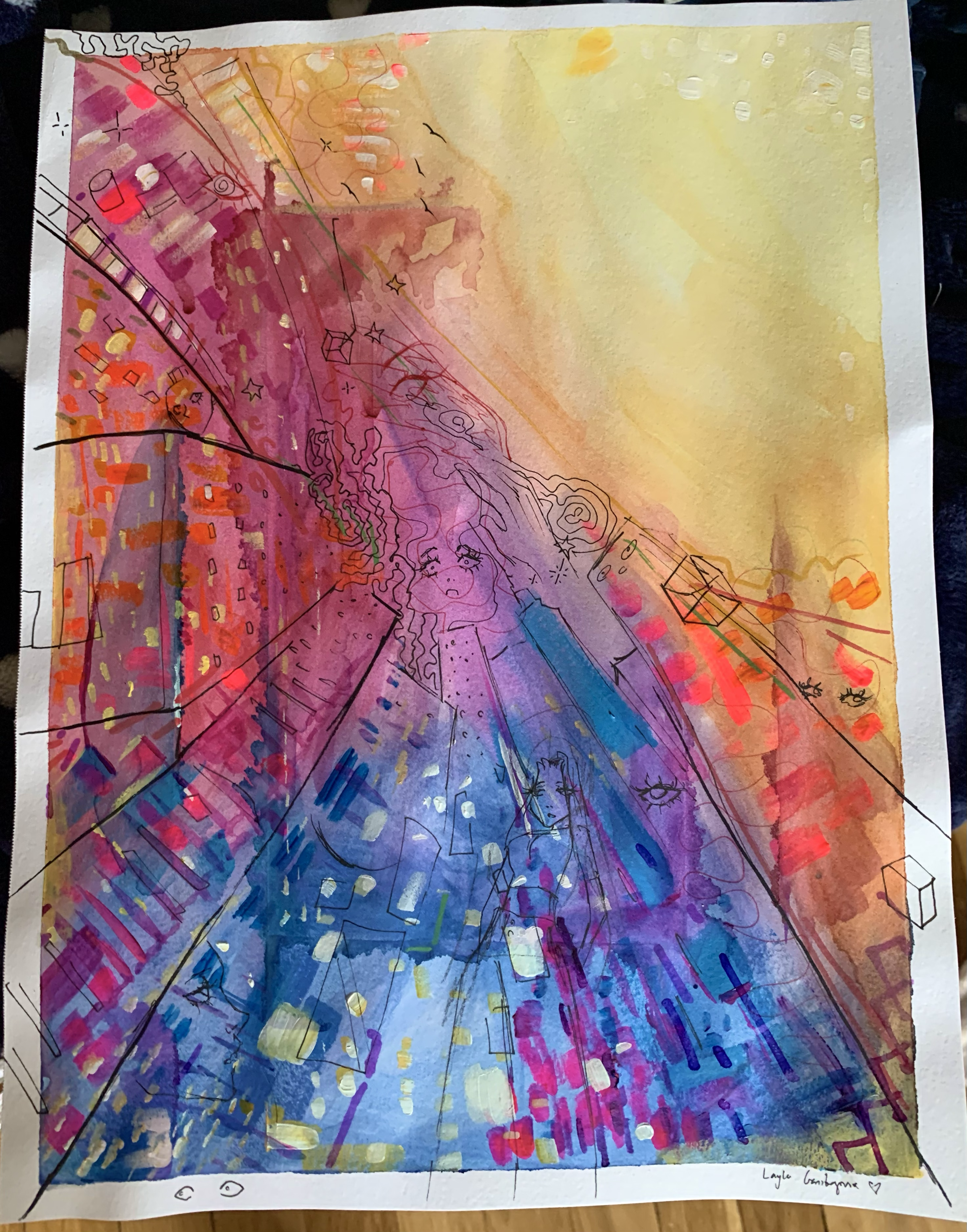 An abstract painting with a variety of colors that begin to merge toward the center of the paper.