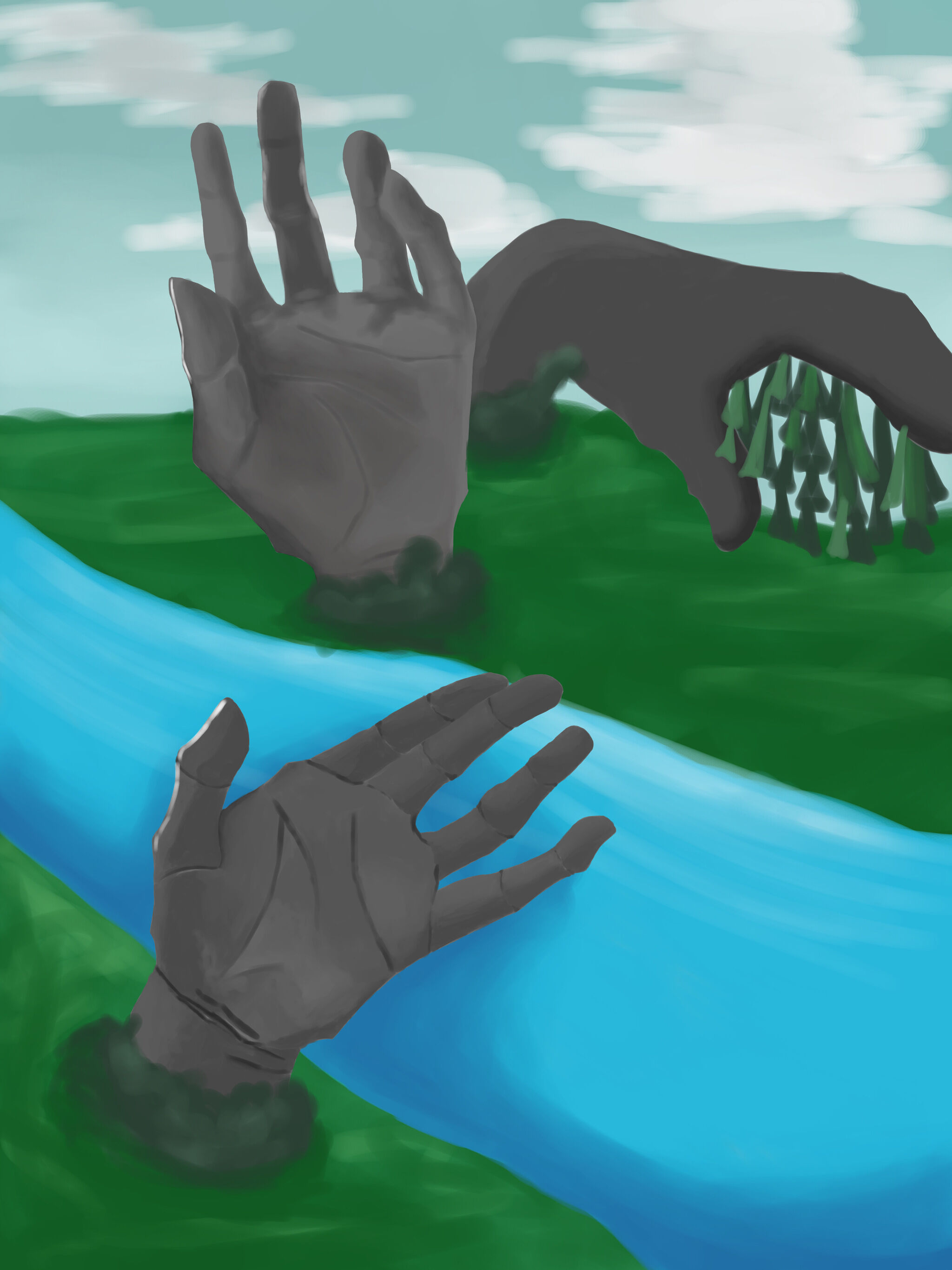 A painting depicting stone-like structures that resemble hands looming over a nearby river.