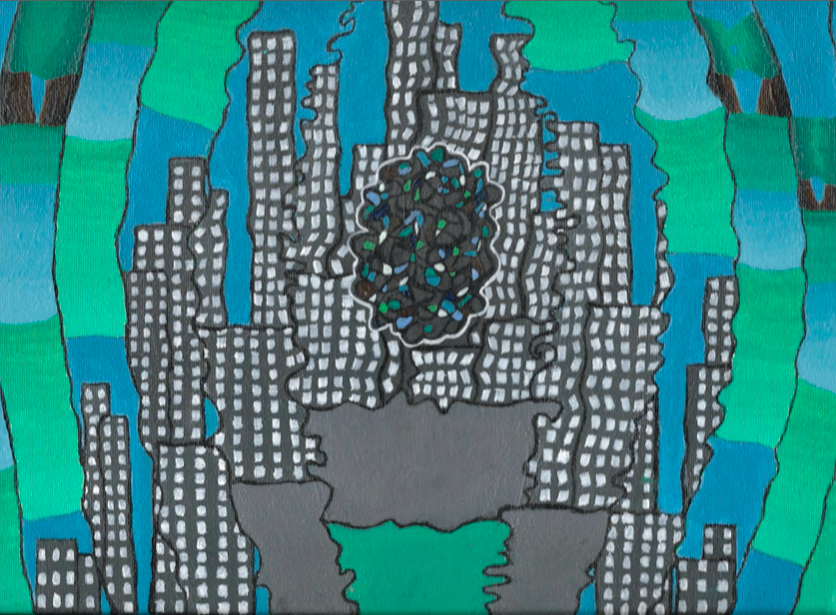 An abstract painting that depicts a distorted cityscape. 