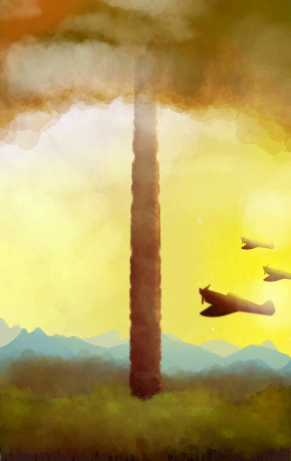 A painting that depicts a high, stone-like tower touching the clouds above, as three nearby airplanes hover around the structure.