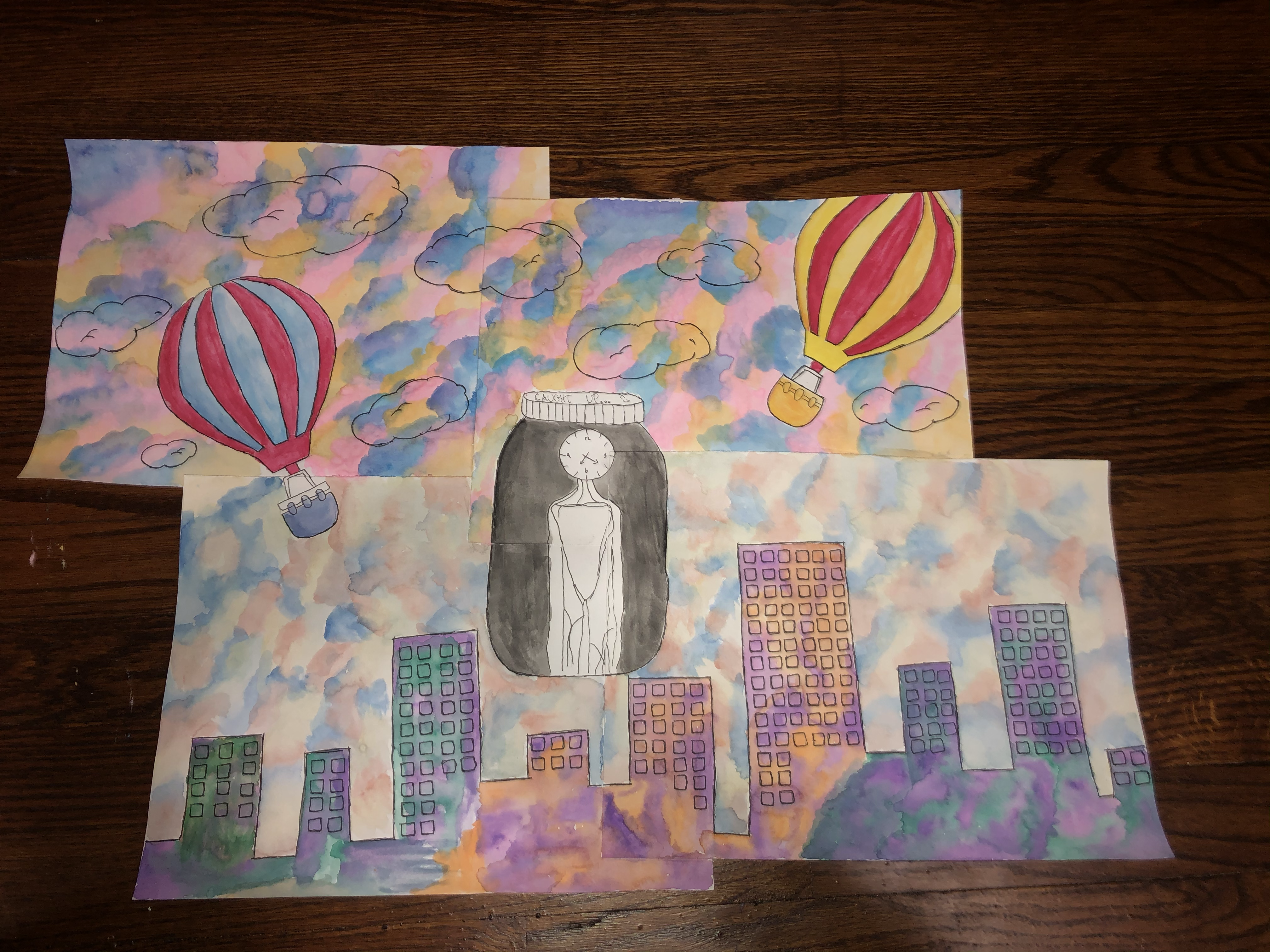 A piece that depicts a colorful cityscape and two hot air balloons hovering over it. 