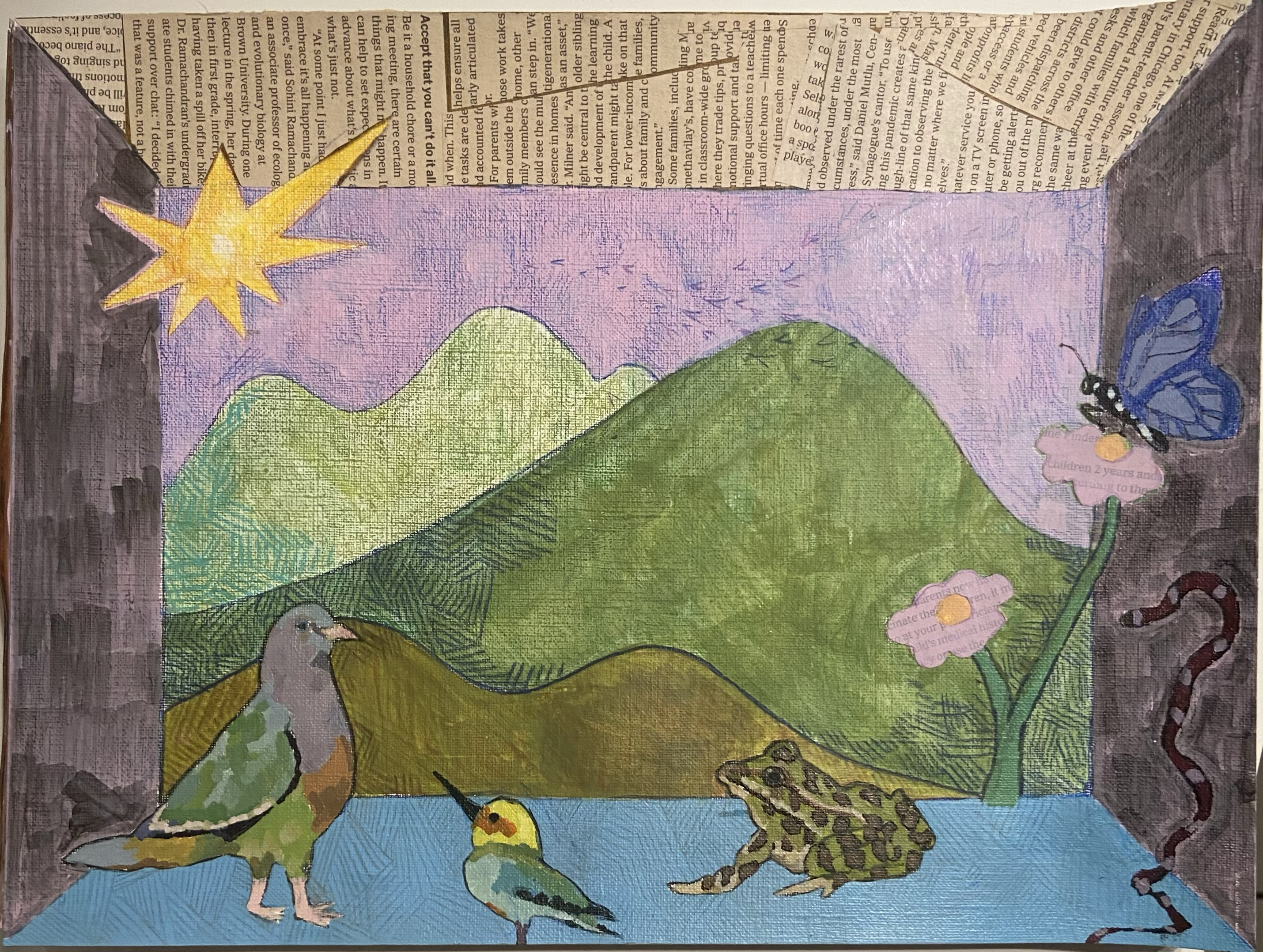 A painting that shows small animals resting in front of green hills. 