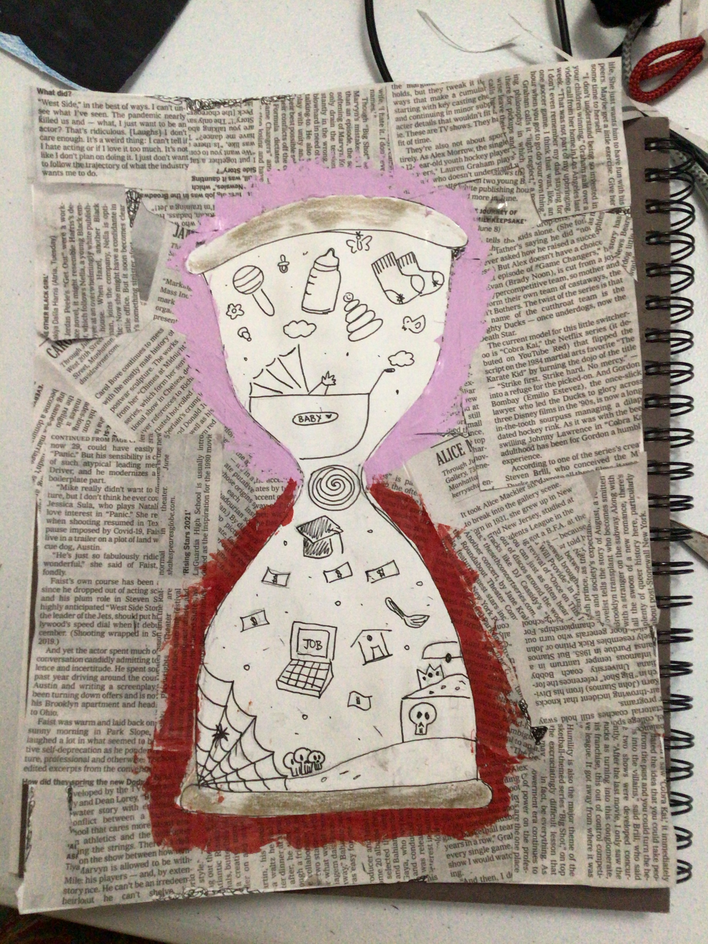 A white hourglass painted on a background of newspaper clippings. 