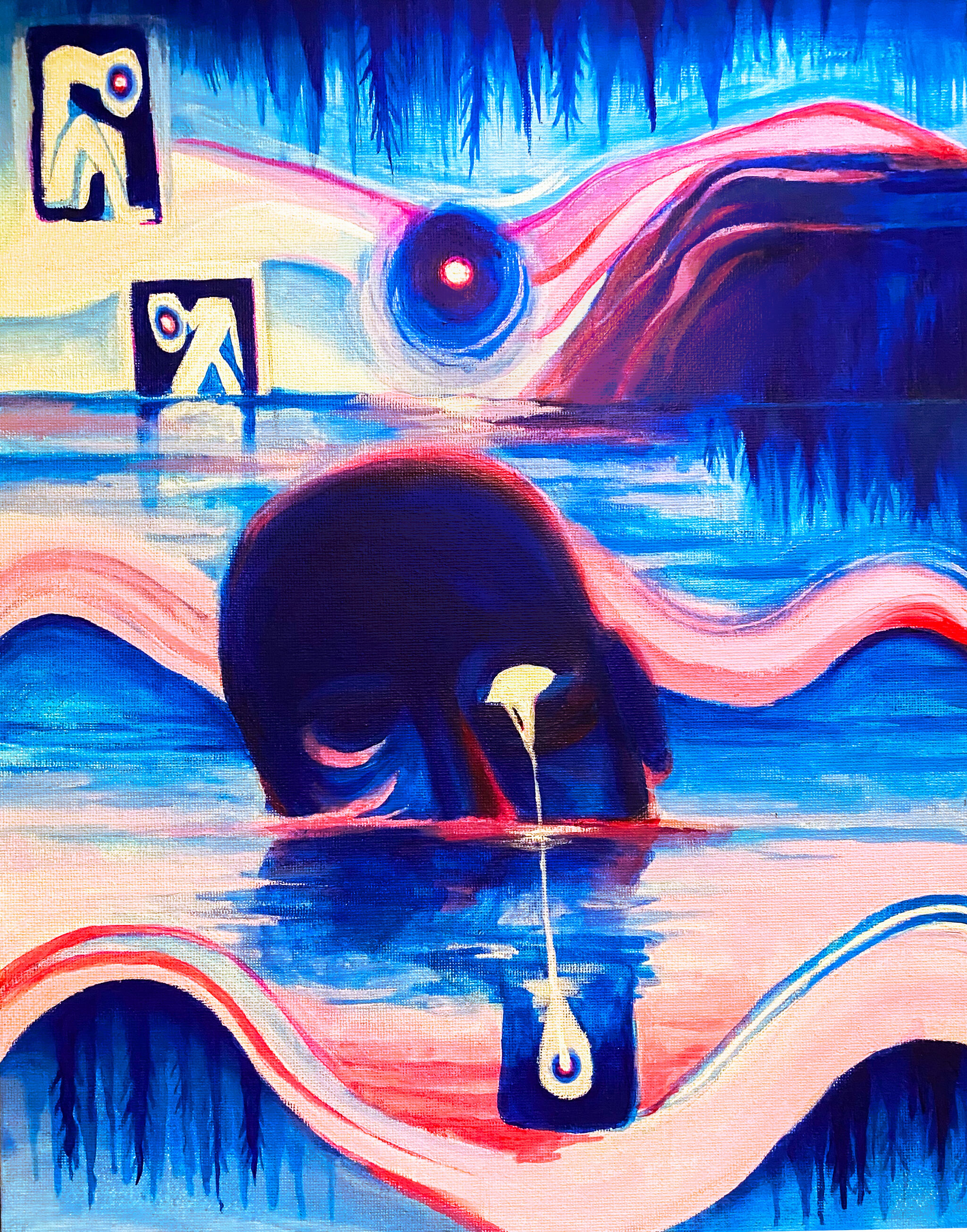 A painting that shows a head peaking out of a river. 