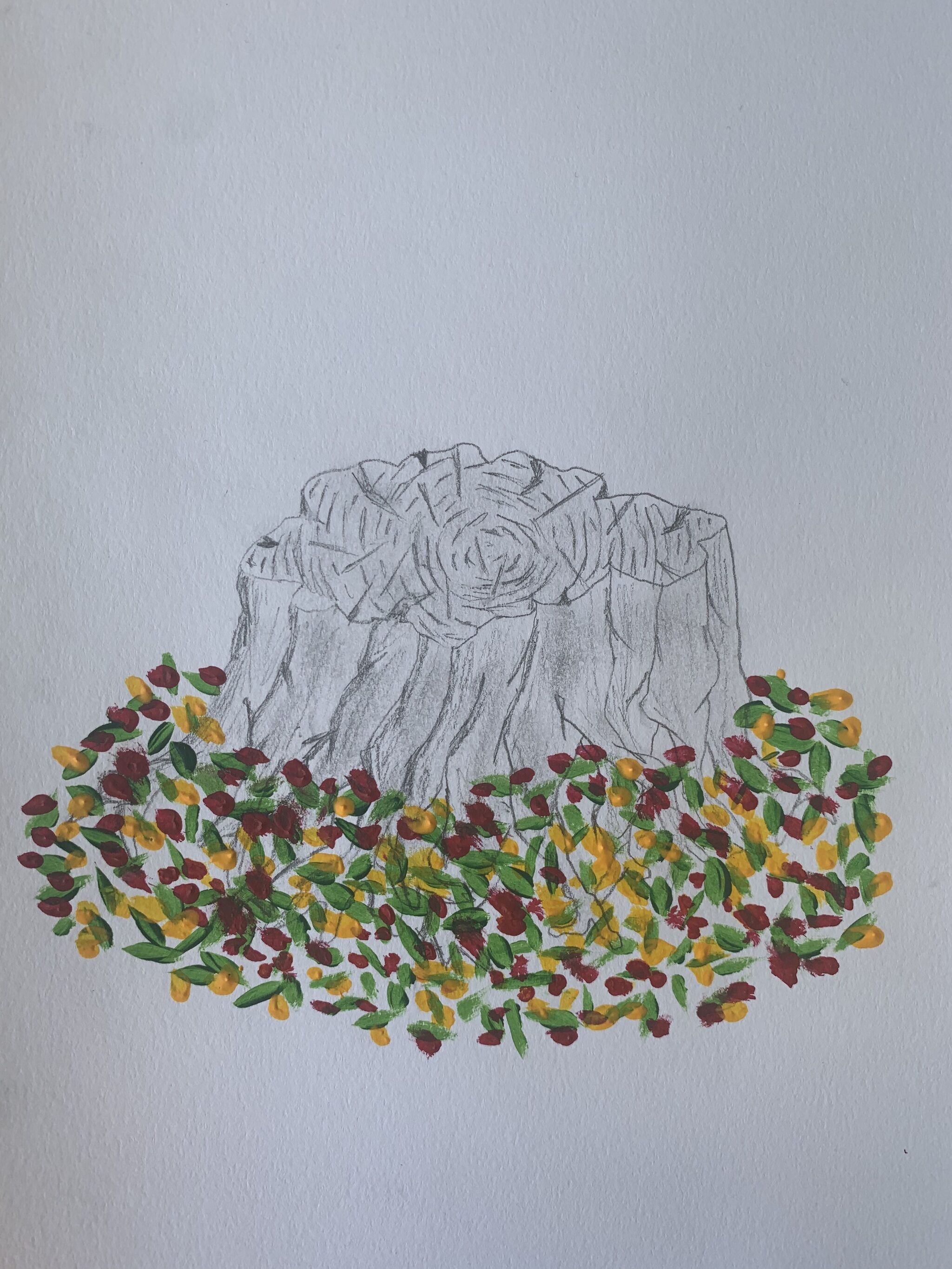 A drawing of a tree stump surrounded by leaves. 
