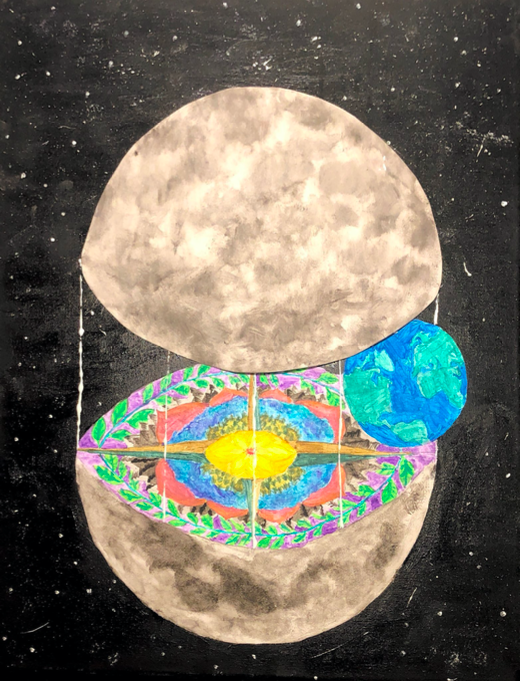 A painting that shows the moon cut in half to reveal a colorful inner core. 