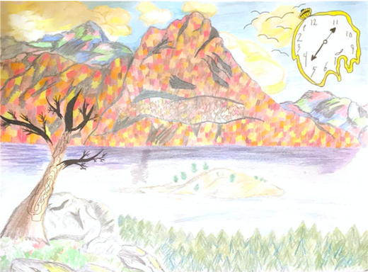 A drawing that shows a colorful landscape with a melting clock in the top right corner. 