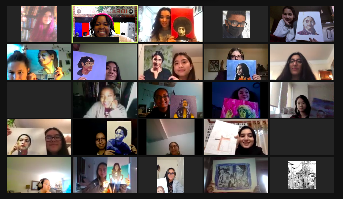 A zoom screenshot with a group of Youth Insights Artists showing their portraits. 