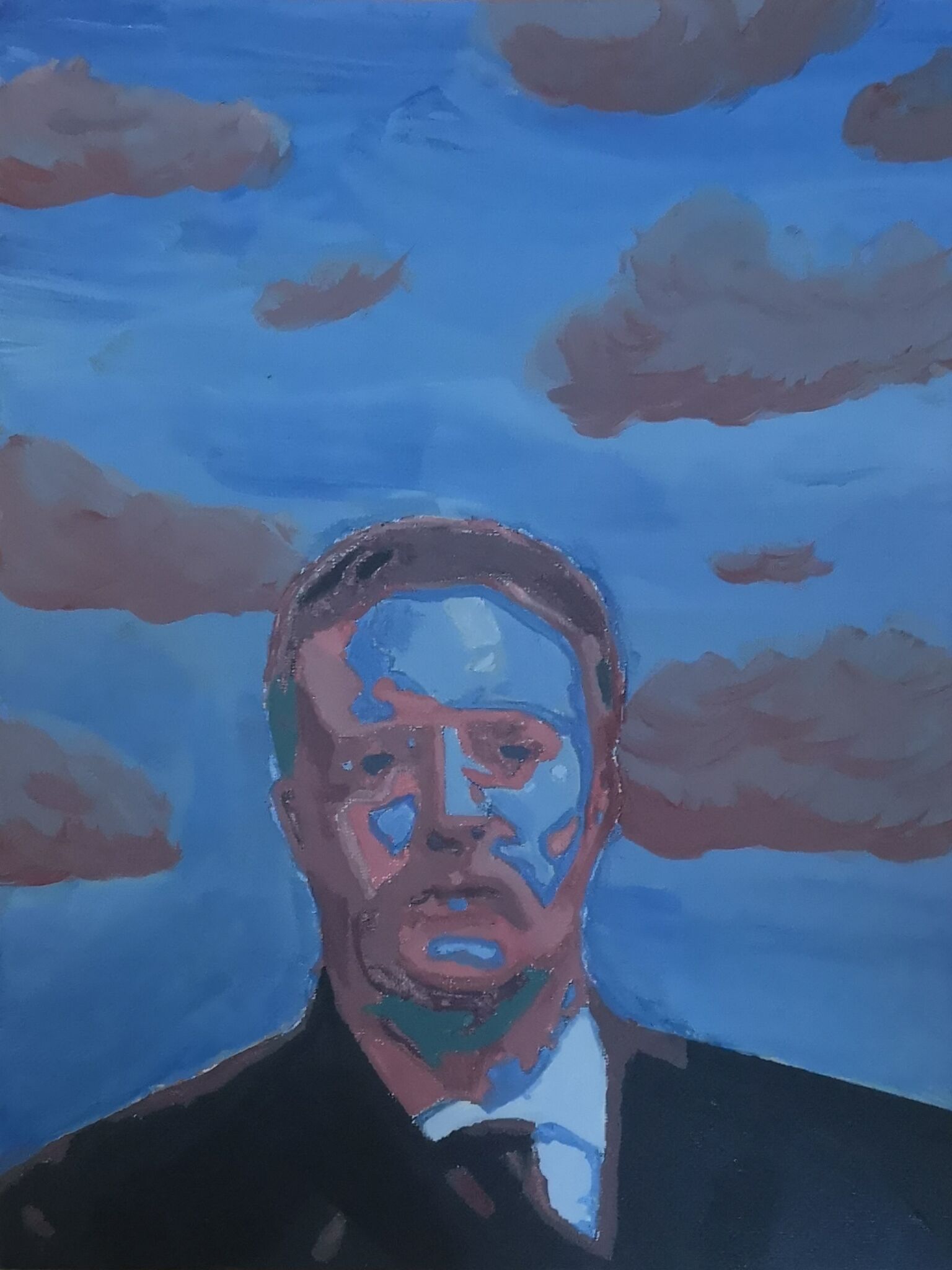 A portrait of President Theodore Roosevelt against a cloud-filled sky. 