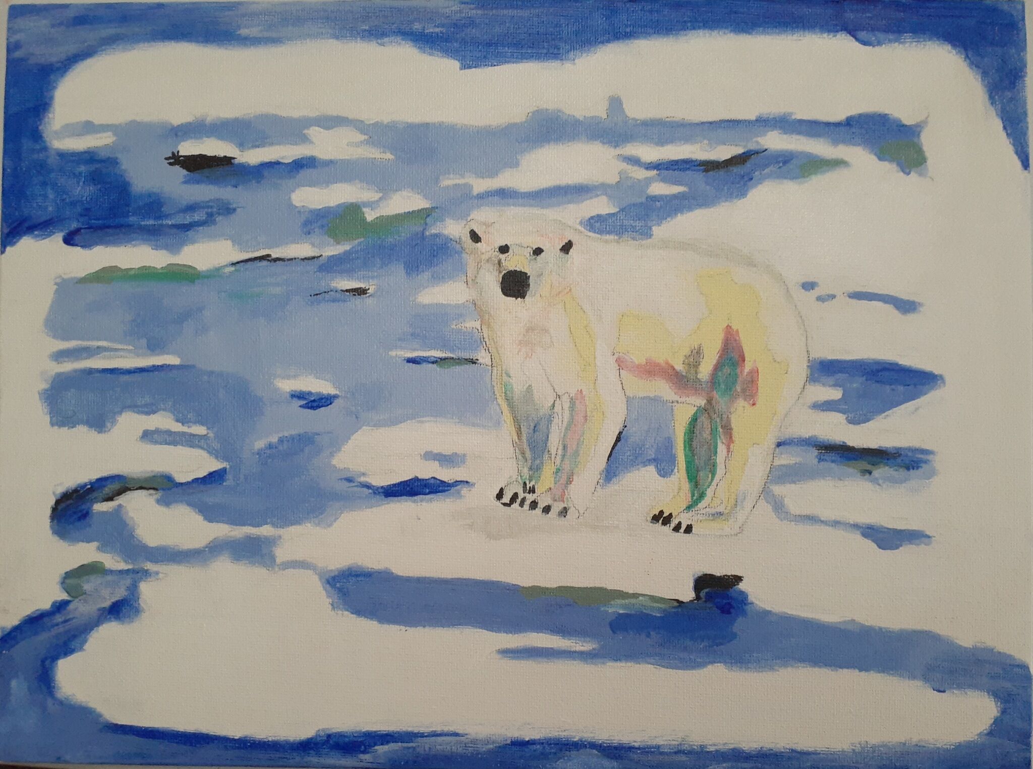 A painting of a polar bear standing on a melting ice platform.