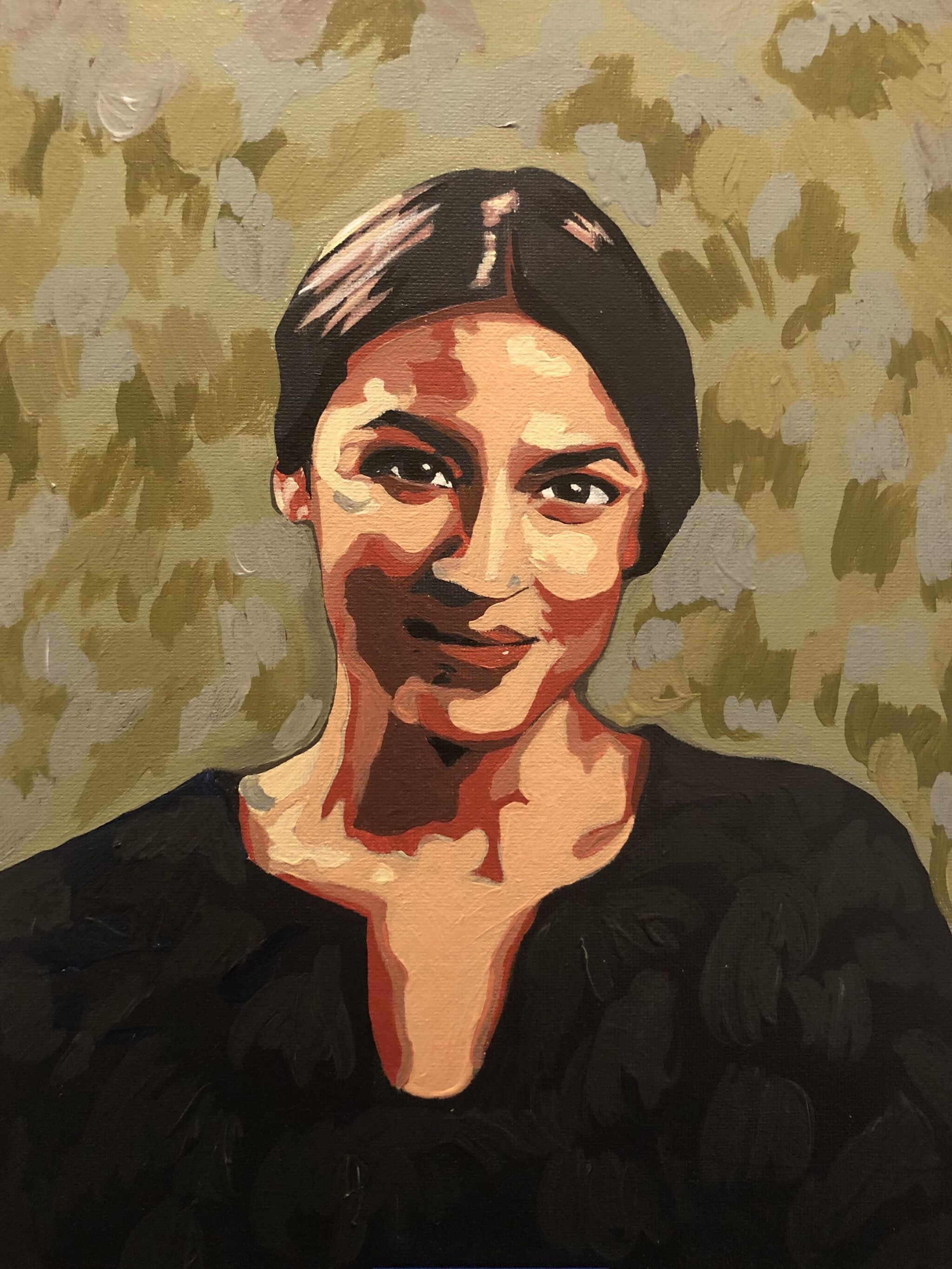 A painting of Alexandria Ocasio-Cortez against a brown background. 