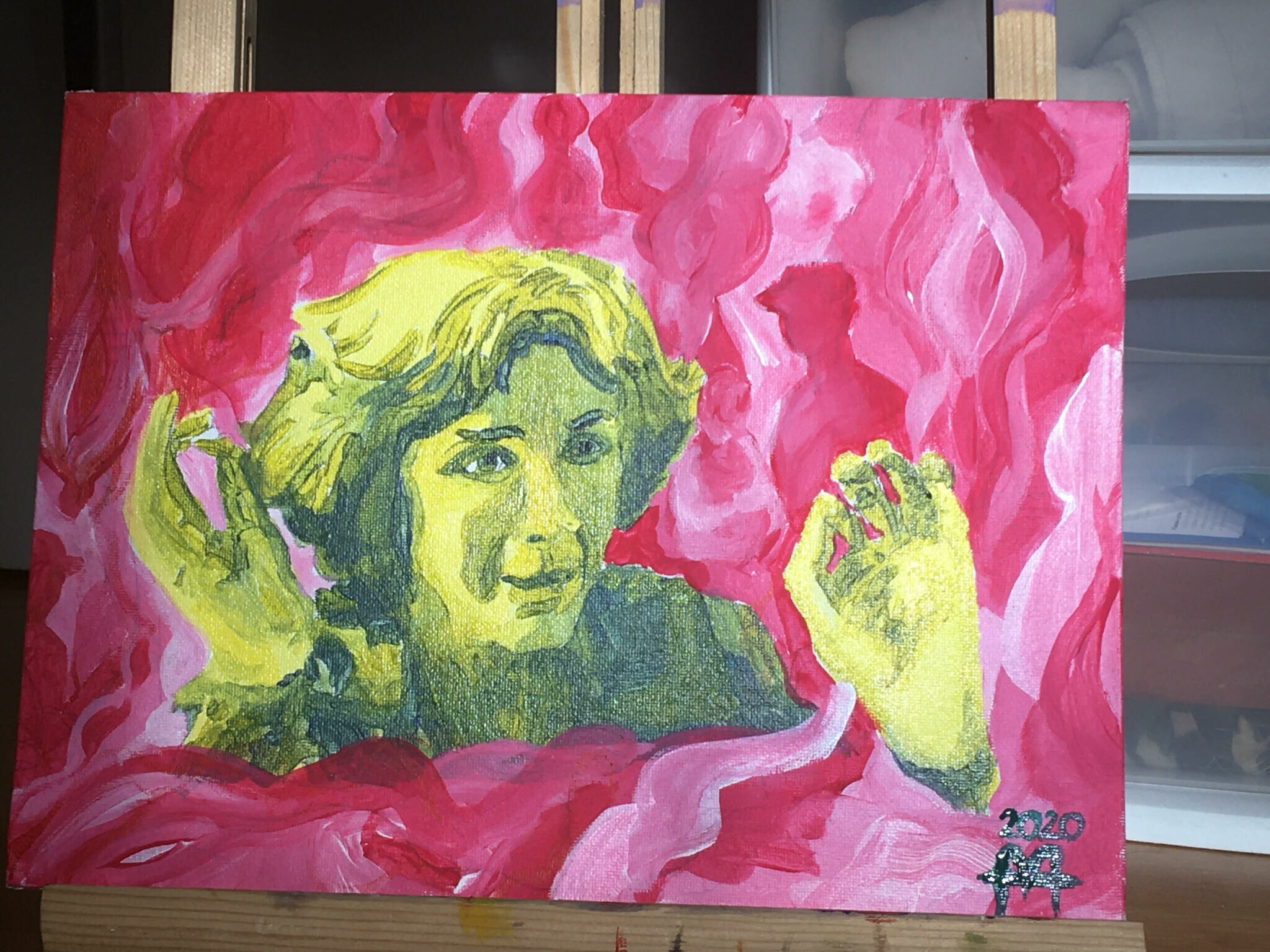A portrait of Gisèle Halimi in green against a pink background. 
