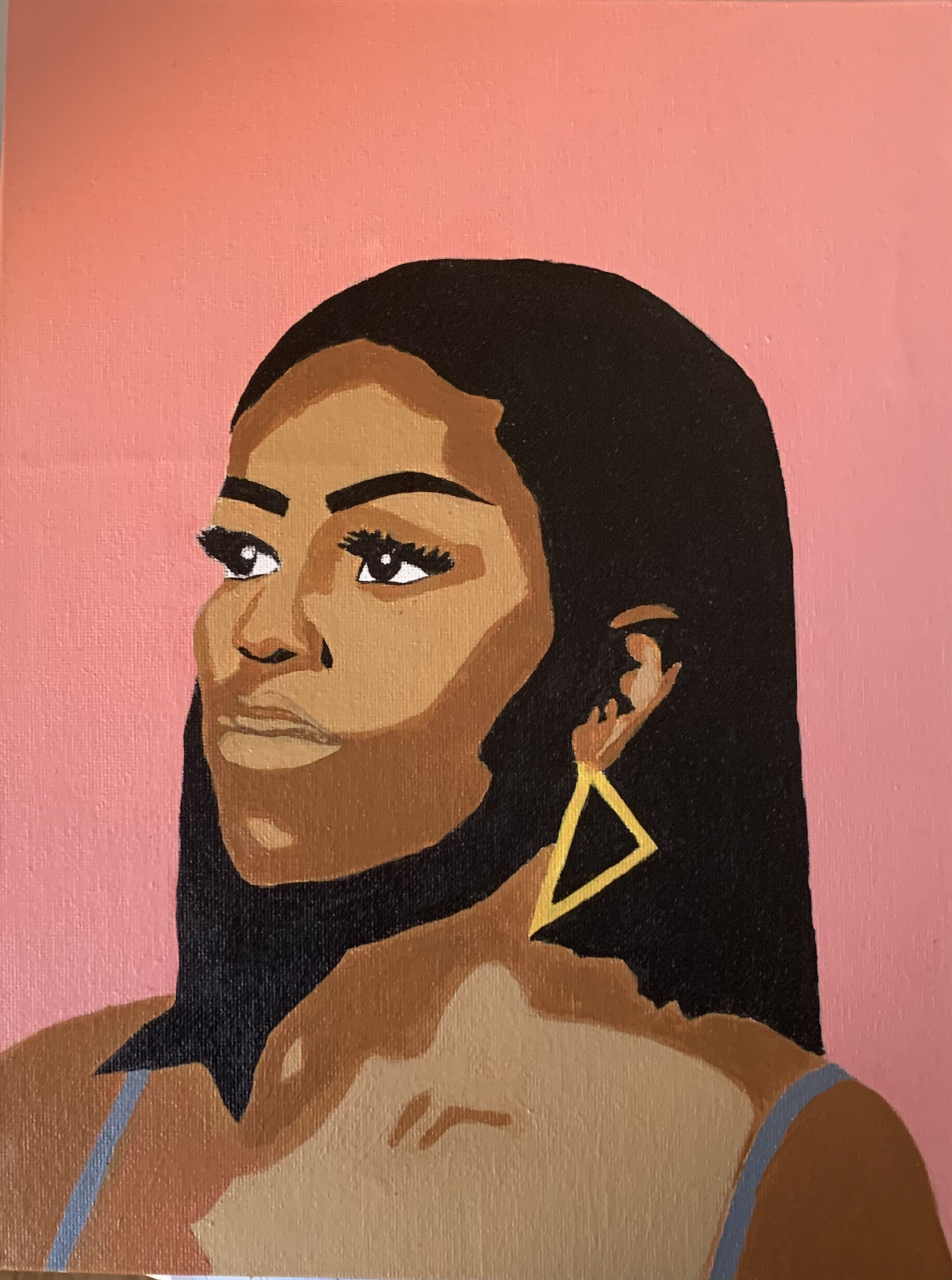 A portrait of Michelle Obama against a peach background. 
