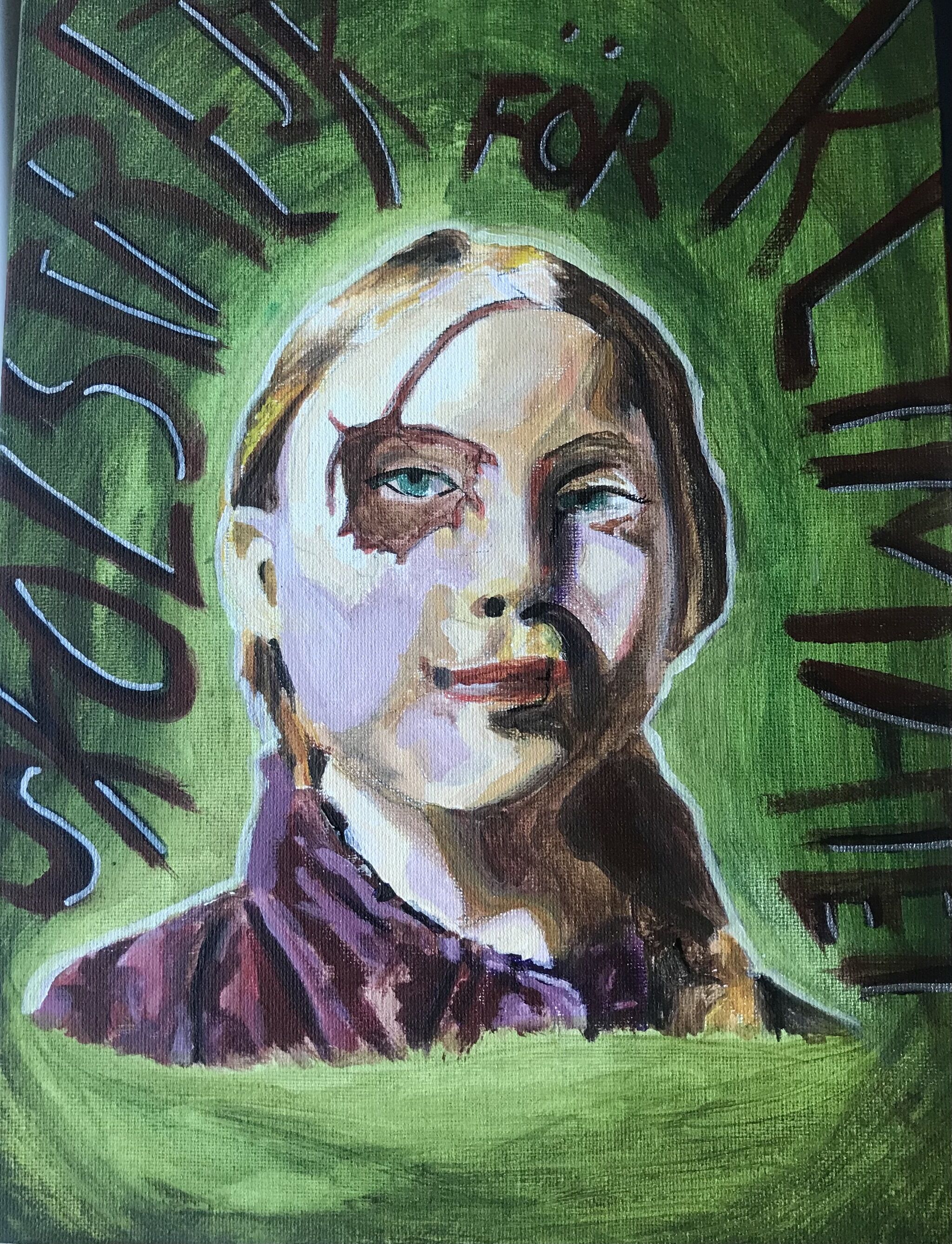 A portrait of Greta Thunberg against a dark green background. 
