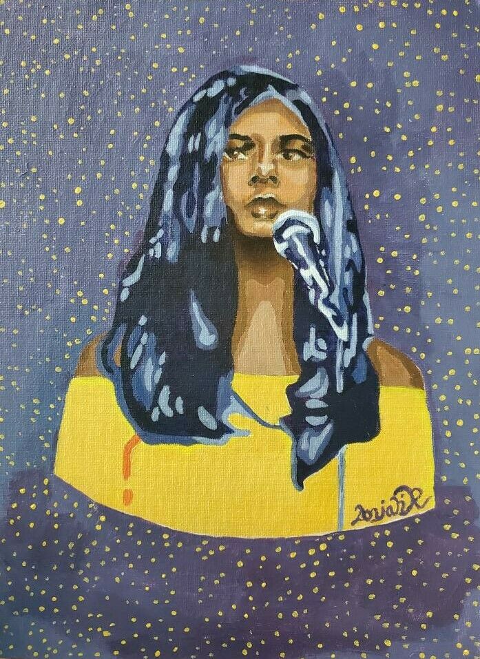 A portrait of spoken-word poet Aranya Johar against a star-filled, purple background. 