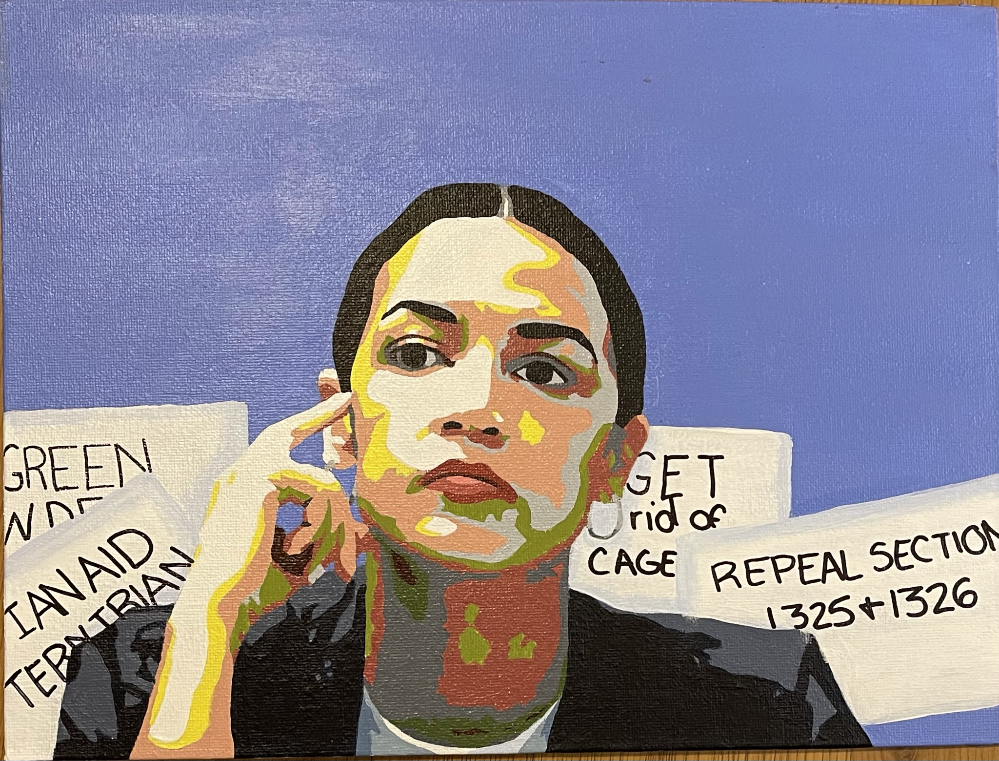 A portrait of Alexandria Ocasio-Cortez against a purple background. 