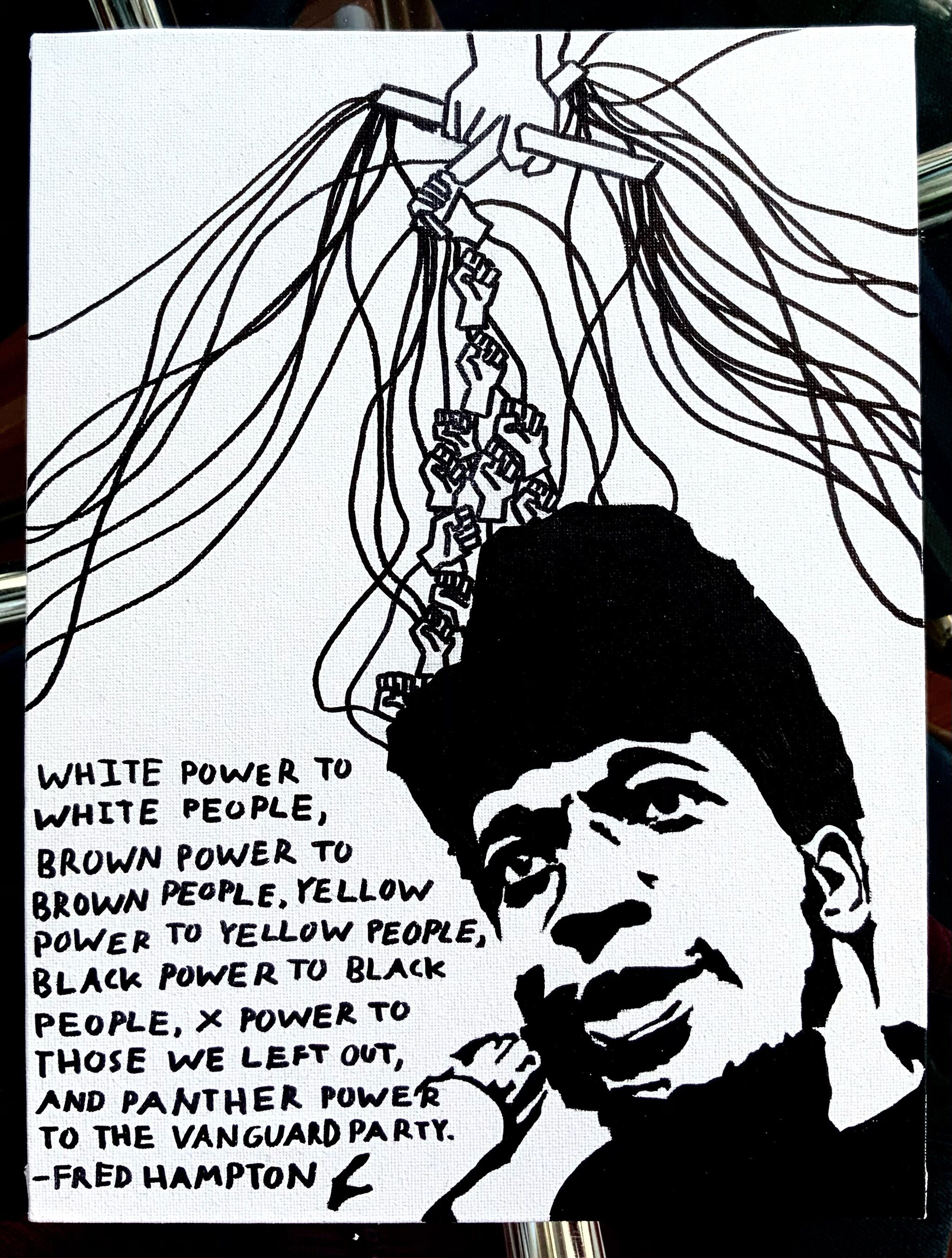 A black and white painting of Fred Hampton. 