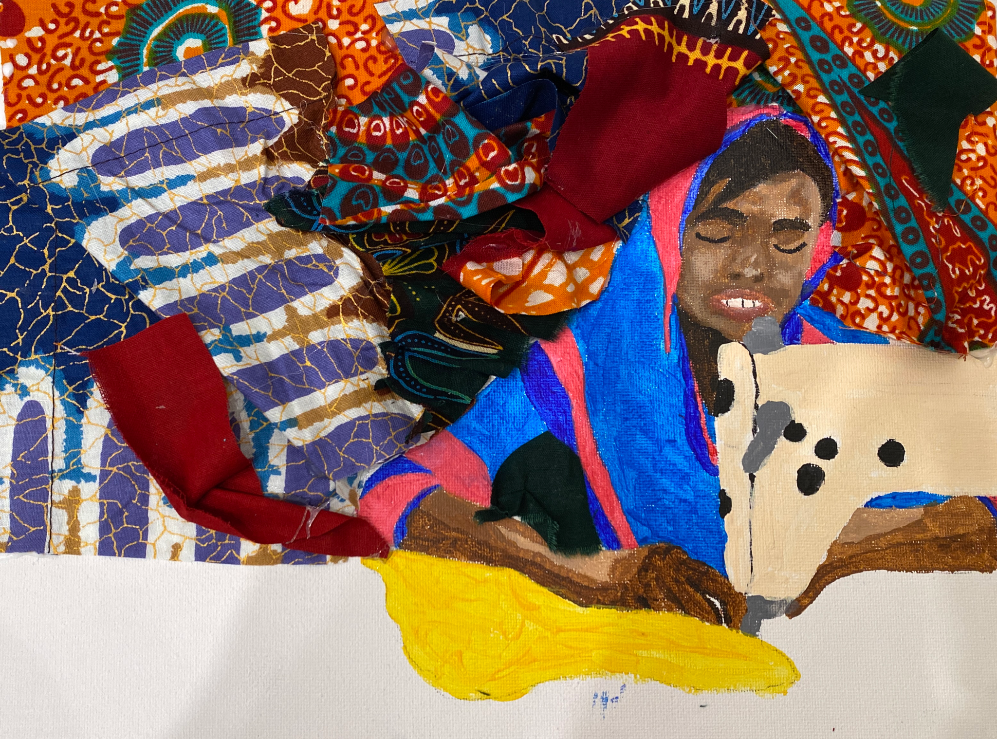 A young factory worker at a sewing machine with a background made of fabric. 