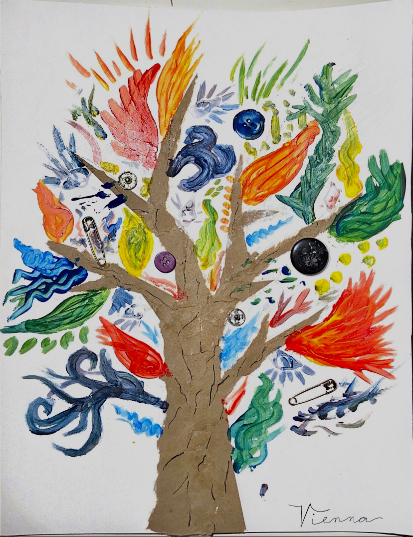 A drawing of a tree with vibrant, multicolored flowers. 